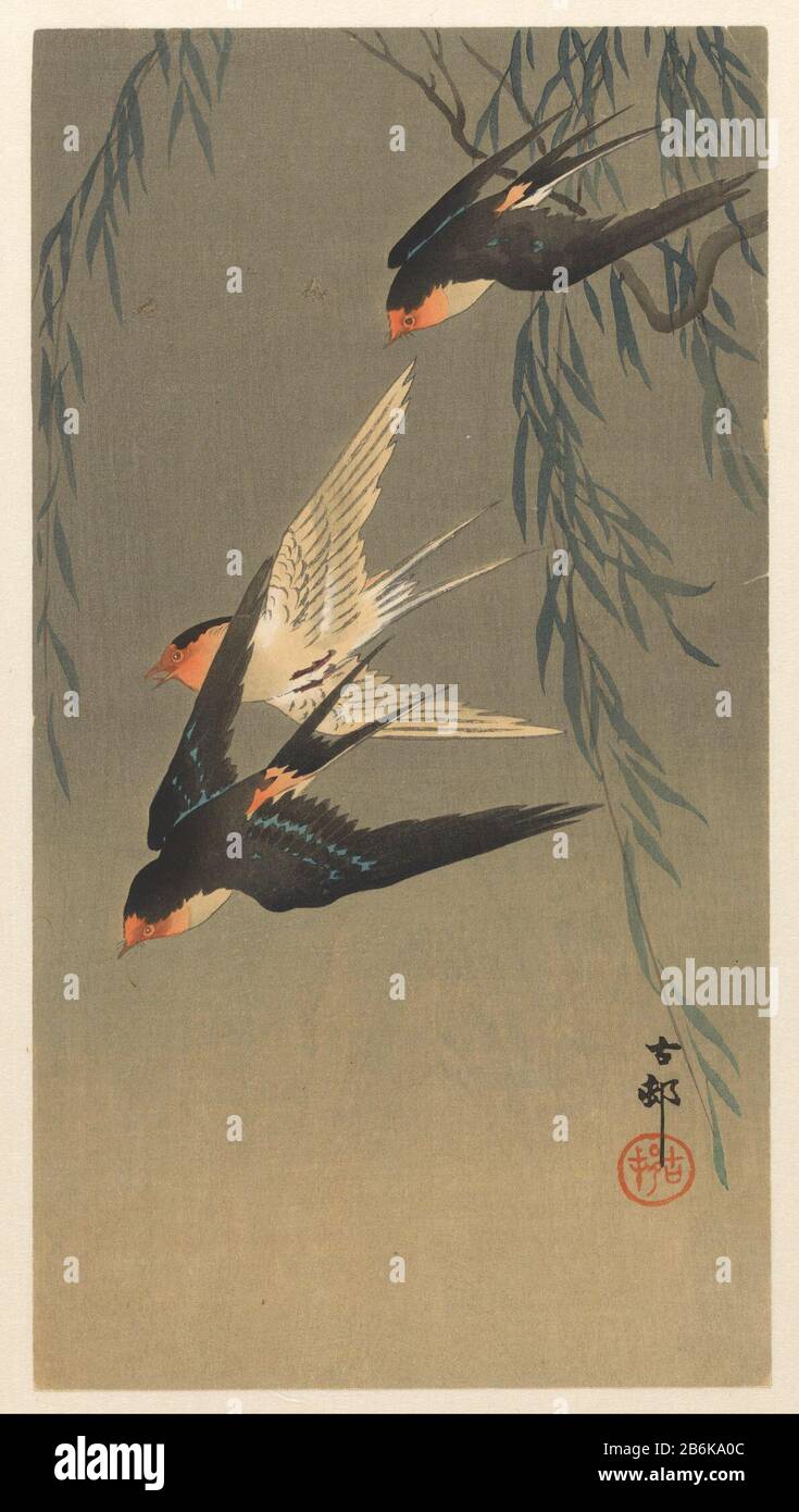 Trois bosses rouges swallow cooop Trois swalds down où: TS voler par weeping willow fabricant de fabrication: Printmaker: Ohara Koson (objet énuméré) éditeur: Matsuki HeikichiPlaats fabrication: Printmaker: Japon Éditeur: Tokyo Date: CA. 1900 - ca. 1930 Caractéristiques physiques: Bloc de bois couleur; bloc de lignes en noir avec blocs de couleur: Papier technique: Couleur dimensions du bloc de bois: Image: H 342 mm × W 186 mm Banque D'Images
