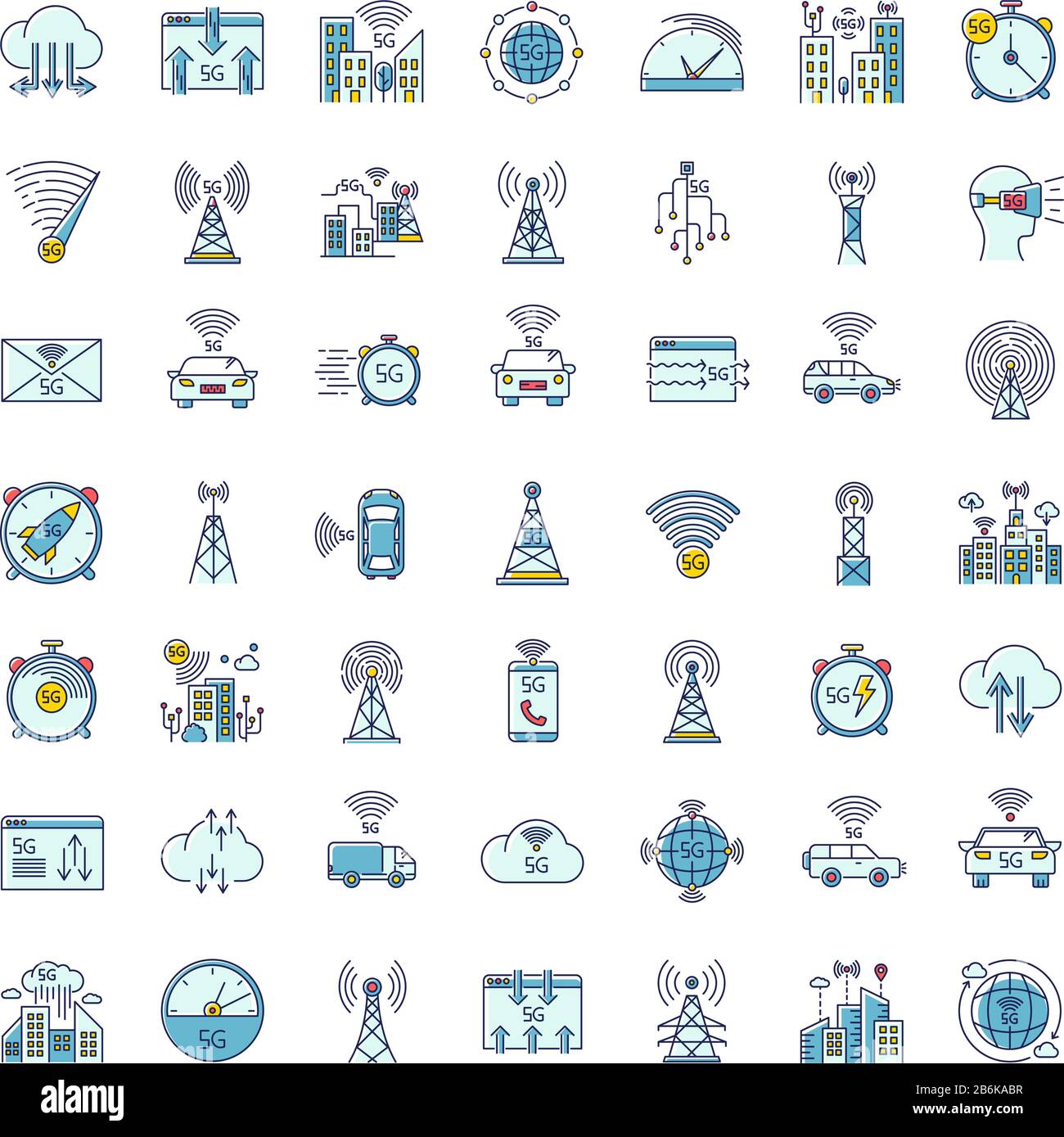 5 G technologie sans fil RVB icônes de couleur définies. Norme mondiale. Signal Internet amélioré. Réseau cellulaire mobile. Cloud computing. Transmission de données Illustration de Vecteur