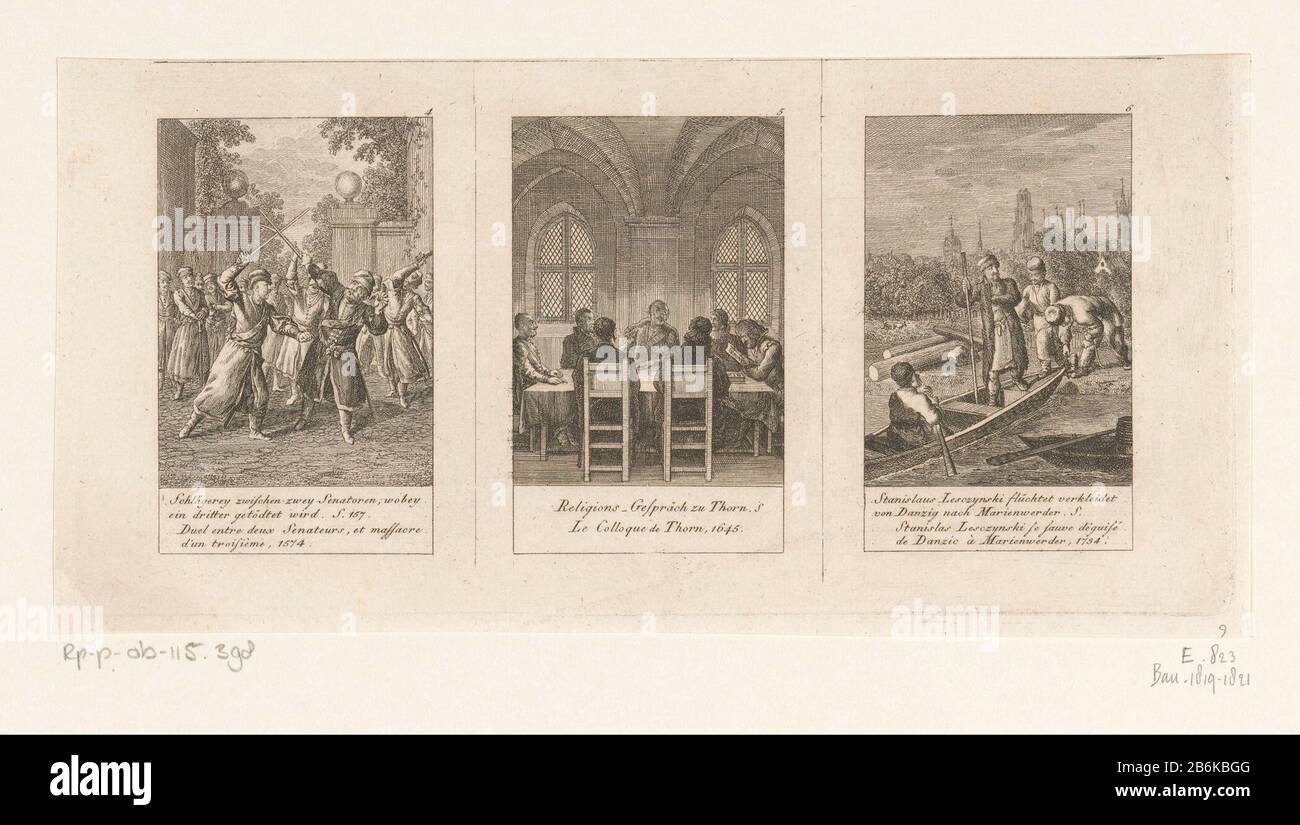 Trois scènes de l'histoire de la Pologne Les tirages sont numérotés à droite. Avec légende et référence de page en allemand et en français. Fabricant : printmaker Daniel Nikolaus ChodoWie: Ckinaar propre conception: Daniel Nikolaus ChodowieckiPlaats fabrication: Berlin Date: 1796 matériau: Technique du papier: Gravure Dimensions: Feuille: H 108 mm (bord de la plaque intérieure découpée) × b 226 mm (bord intérieur découpés) Commentaires Imprimer utilisé: Calendrier historique et généalogique auf das Gemeinjahr 1797. Enthält die Geschichte von Poland (...). Berlin: Johann Friedrich Unger, [1796] . Objet : conversation de duel historique, dialogue ; conv Banque D'Images