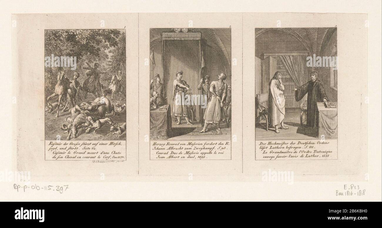 Trois scènes de l'histoire de la Pologne Les tirages sont numérotés à droite. Avec légende et référence de page en allemand et en français. Fabricant : printmaker Daniel Nikolaus ChodoWie: CKI (bâtiment classé) dans sa conception: Daniel Nikolaus Chodowiecki (propriété cotée) Lieu de fabrication: Berlin Date: 1796 matériau: Technique du papier: Gravure Dimensions: Feuille : h 107 mm (lame intérieure coupée) b × 225 mm (tôle intérieure coupée) Commentaires Imprimer utilisée: Calendrier historique et généalogique auf das Gemeinjahr 1797. Enthält die Geschichte von Poland (...). Berlin: Johann Friedrich Unger, [1796] . Objet: Historique Banque D'Images