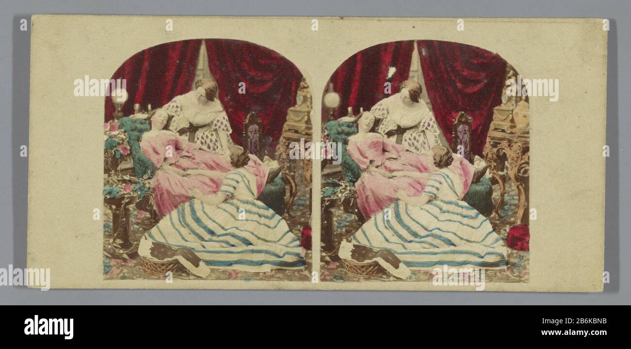 Trois femmes dans un salon Trois femmes dans un type d'objet li: Photo stéréo Numéro d'article: RP-F F10758 Inscriptions / marques: Inscription verso, manuscrit 'f 1.25' Fabricant : Photographe: Anonyme Date: 1852 - 1863 matériau: Papier carton technique: Albumen imprimer / couleur de la main dimensions: Milieu secondaire: H 83 mm × W 175 mm Objet: Li-room, salon, salon femme adulte Banque D'Images