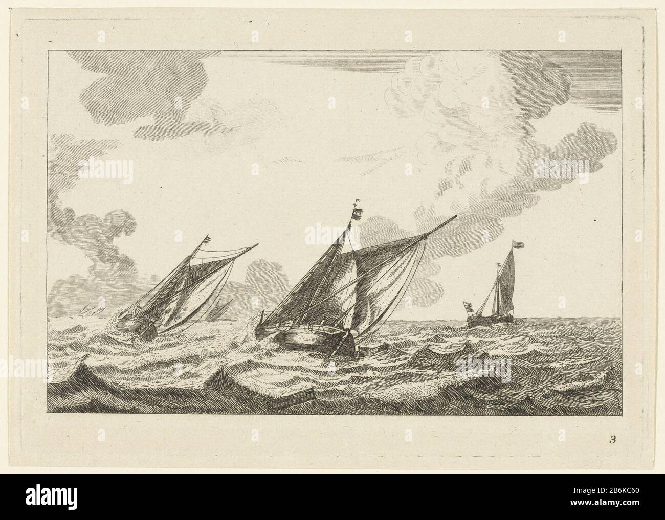 Trois voile Où: Deux inclinant dans le vent, sur une mer rugueuse. Au loin, trois navires de plus. Copier spiegelbeeld. Fabricant : printmaker: Anonyme à imprimer par Reiner Noomsuitgever: Chéreau (possible) Lieu de fabrication: Paris Date: 1700 - 1799 Caractéristiques physiques: Matière de gravure: Technique du papier: Gravure Dimensions: Bord de la plaque: H 145 mm × W 210 mm Sujet: Bateau à voile, voilier Banque D'Images