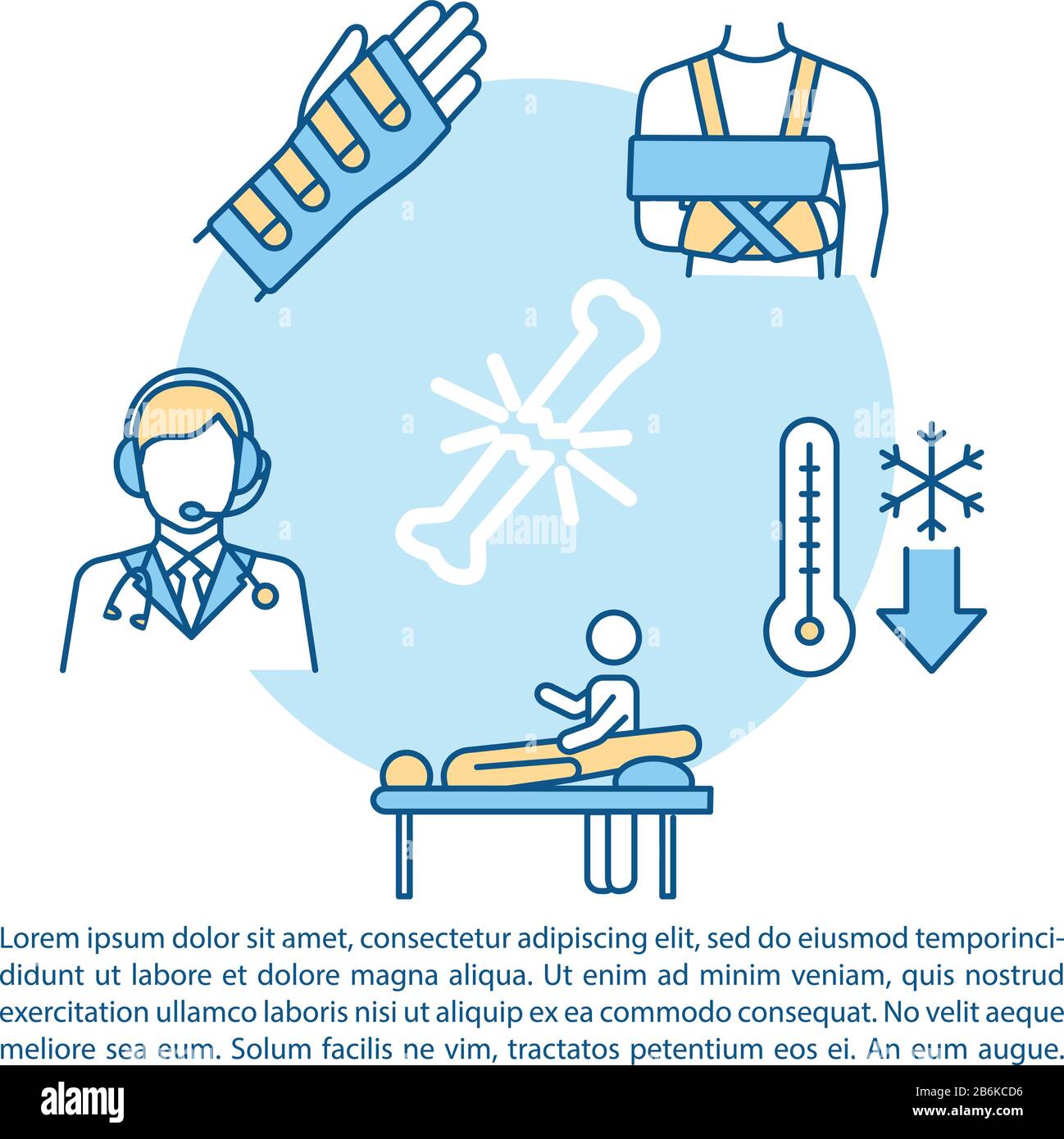 Icône de concept de premiers soins de fracture osseuse avec texte. Recommandations relatives au traitement des traumatismes, modèle de vecteur de la page PPT sur la thérapie des blessures. Brochure, magazine, livret Illustration de Vecteur