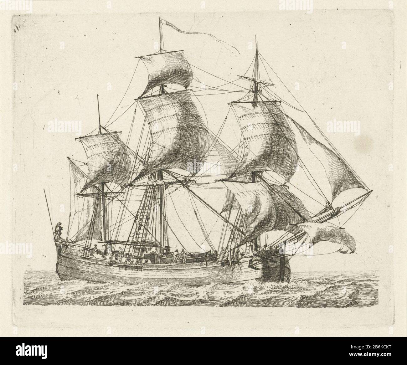 Trois maîtres avec le vent dans ses voiles plusieurs navires série C (titre de la série) Driemaster avec le vent dans ses voiles, voile à droite. Sur la terrasse il y a un bateau, et sont représentés quelques figures. Ce tirage fait partie d'une série de douze tirages avec différents zeilschepen. Fabricant : Print Maker: Gerrit Groeneweg Lieu de fabrication: Rotterdam Date: 1789 Caractéristiques physiques: Matière de gravure: Technique du papier: Dimensions de gravure: Bord de la plaque: H 128 mm × W 155 mm Objet: Navires (en général) Banque D'Images