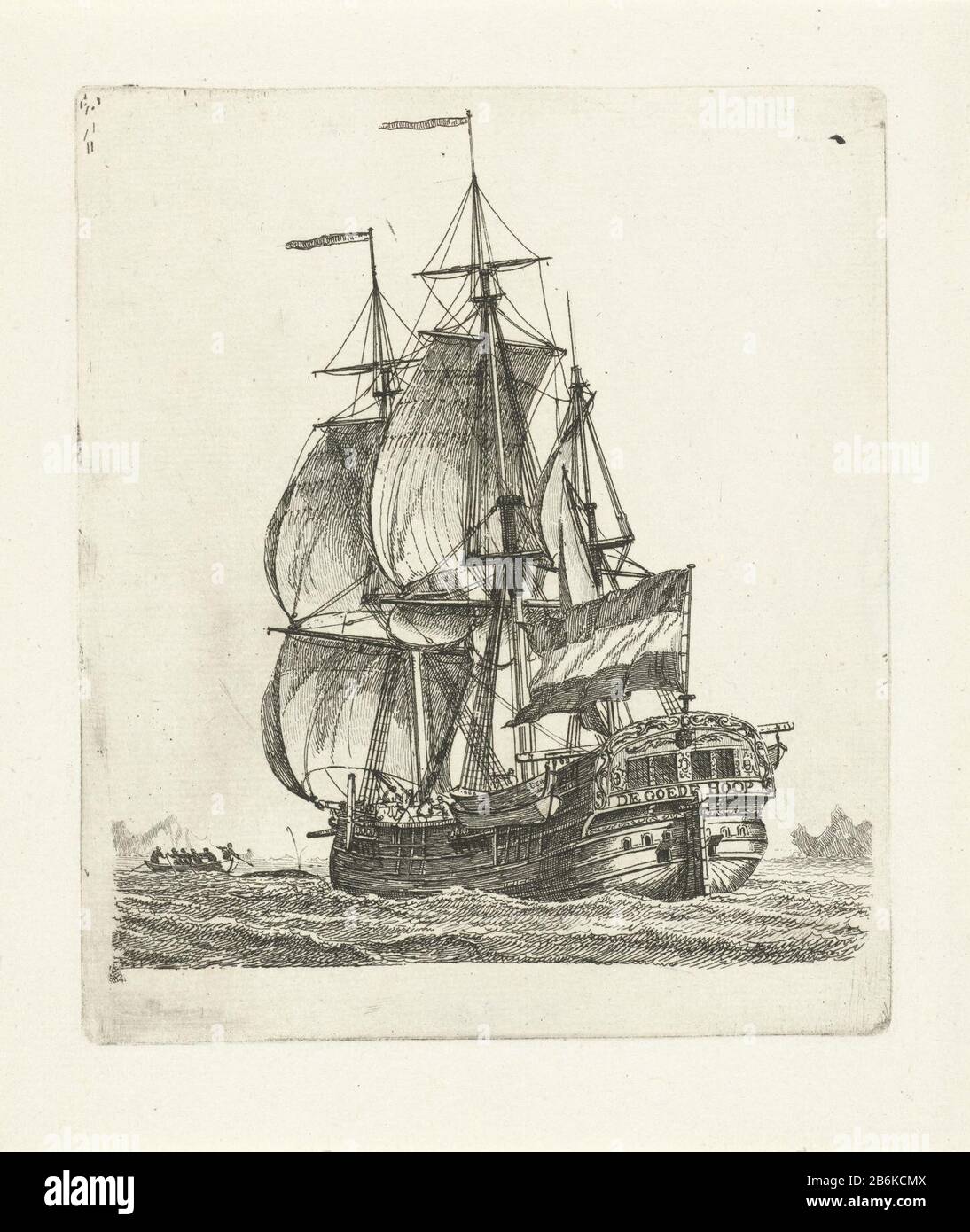 Driemaster 'The Good Hope' Plusieurs navires série E (titre de la série) Driemaster 'Good Hope' appelé oblique vu de derrière. État 'Good Hope' au niveau du navire. Bateaux de sauvetage suspendus à droite et à gauche au navire. Une barque s'affiche à gauche. En arrière-plan sont les contours des roches vues. Ce tirage fait partie d'une série de douze tirages avec différents zeilschepen. Fabricant : Print Maker: Gerrit Groeneweg Lieu de fabrication: Rotterdam Date: 1790 Caractéristiques physiques: Matière de gravure: Technique du papier: Dimensions de gravure: Bord de la plaque: H 151 mm × W 129 mm Objet: Navires (en général) Banque D'Images