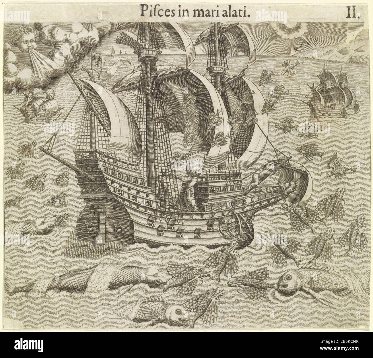 Driemaster avec poissons volants poissons dans mari Alati (titre objet) Inde occidentalis IV (titre de la série) Trois navires sifflées en venant en Amérique naviguent dans l'océan Atlantique entouré de poissons et de poissons volants. Le vent souffle sur les navires de voile plein voile à la terre à. Sur le pont du navire est un marin dans l'étonnement au poisson volant à kijken. Fabricant : printmaker: Theodor de Bryprentmaker: Johann Theodor de Brynaar design: Fabrication anonyme: Francfort Date: 1594 Caractéristiques physiques: Engraa et du texte: Papier technique: Engraa (impression) / typographie dimensions: SH Banque D'Images