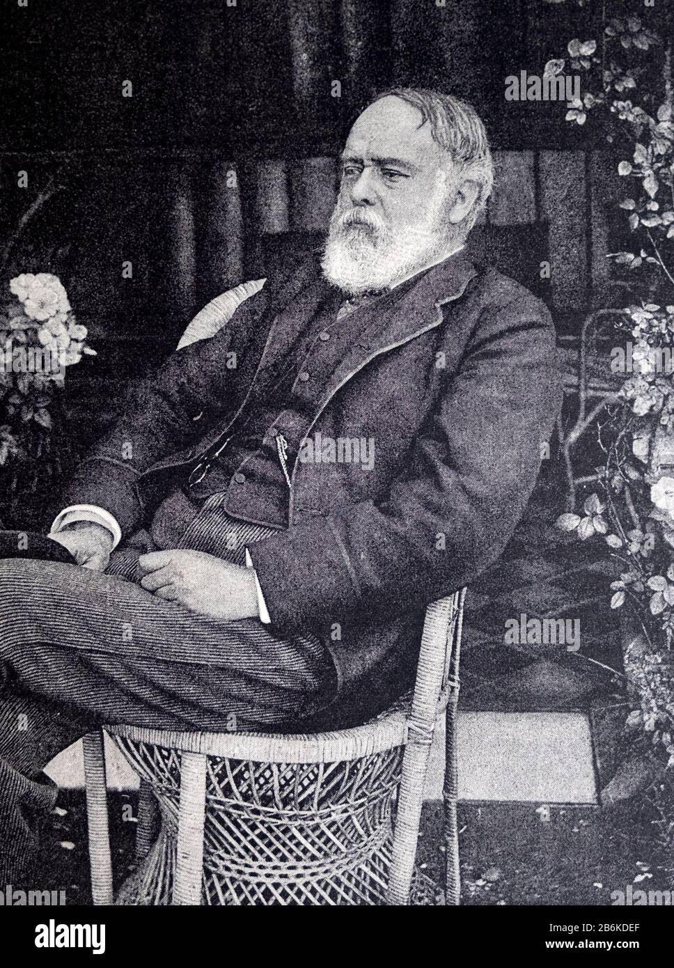 Myles Birket Foster portrait etching dessin de l'artiste victorien du XIXe C homme âgé assis sur une chaise en osier Angleterre Royaume-Uni Banque D'Images