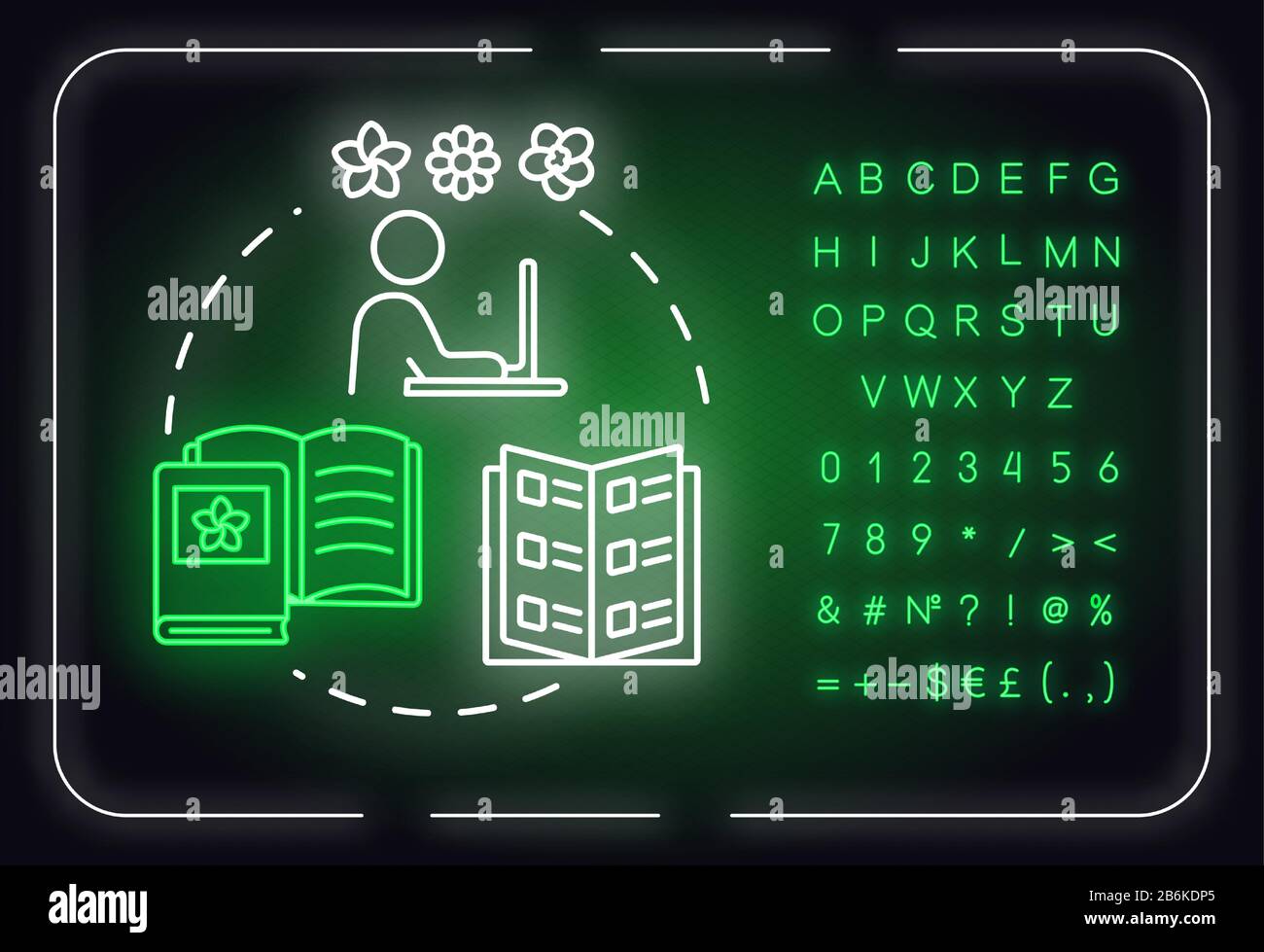 Apprendre la classification des plantes néon icône concept de lumière. Jardinage à la maison. Les plantes ménagères s'en occupent. Fleurs trie l'idée. Signe lumineux extérieur avec alphabet, chiffres Illustration de Vecteur