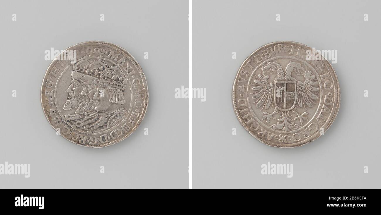 Double thaler de Maximilian I, Charles V et Ferdinand I, empereurs allemands Zilveren penning. Voorzijde: Borststuk van drie mannen met kroon binnen omschrift. Keerzijde: Dubbelkoppipe adelaar met wapenschild binnen omschrift Fabricant : anoniem Dating: 1590 matériau: Zilver Techniek: Slaan Dimensions: D 4,2 cm. × g 58,30 gr Date: 1590 - 1590Wie: Maximilaan i van Habsburg (keizer van het Heilige Roomse Rijk)Karel V van Habsburg (Duits keizer en koning van Spanje)Ferdinand i van Habsburg (Duits keizer) Banque D'Images