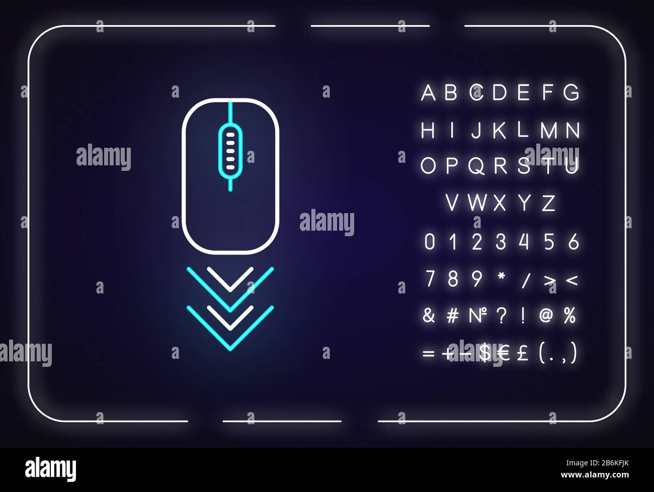 Icône de lumière fluo de souris défilante. Geste de navigation sur la page Internet, indicateur de flèches vers le bas. Effet brillant extérieur. Signe avec l'alphabet, les chiffres et Illustration de Vecteur