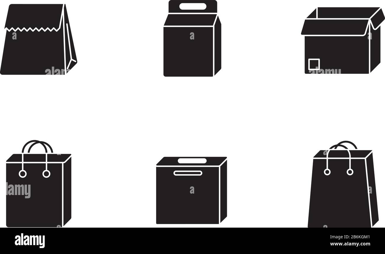 Papier emballages alimentaires icônes de glyphe noir définies sur l'espace blanc. Boîtes en carton, sacs pour produits, repas. Récipients jetables pour le déjeuner, l'épicerie Illustration de Vecteur