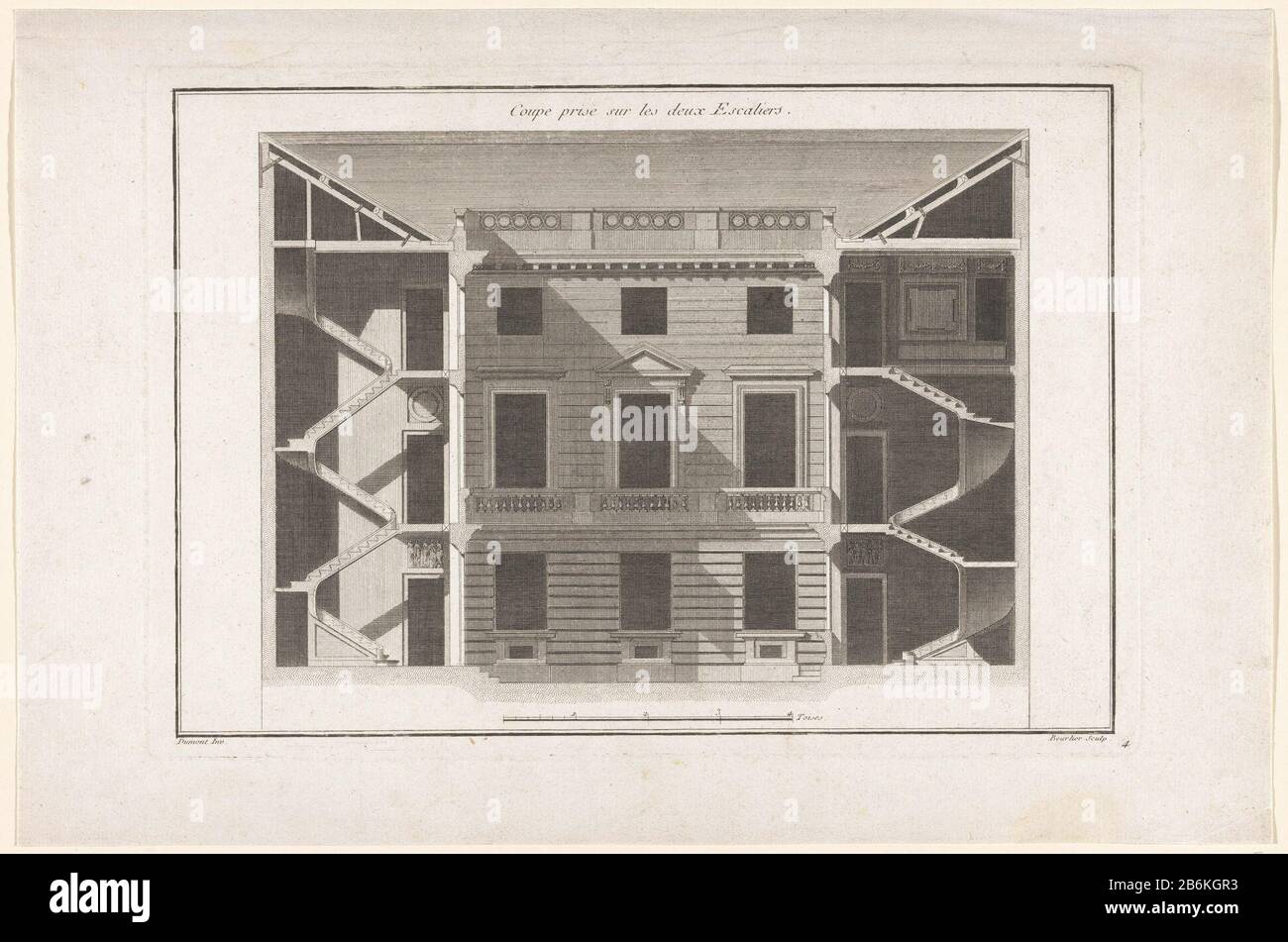 Dwarsdoorsnede van trappenhuizen section prise sur Seux Stairs (serietitel) coupe transversale d'une maison de trois étages avec escaliers gauche rechts. Fabricant : printmaker Charles Beur Lier (bâtiment classé), conçu par Gabriel Pierre Martin Dumont (bâtiment classé) éditeur: Chéreau (possible) Lieu de fabrication : Paris Date: 1730 - 1790 Caractéristiques physiques: Matière de prise: Papier: Technique engrala (processus d'impression) mesures: Bord de la plaque: H 213 mm × W 308 mm Objet: section  conception architecturale ou escalier modèle Banque D'Images
