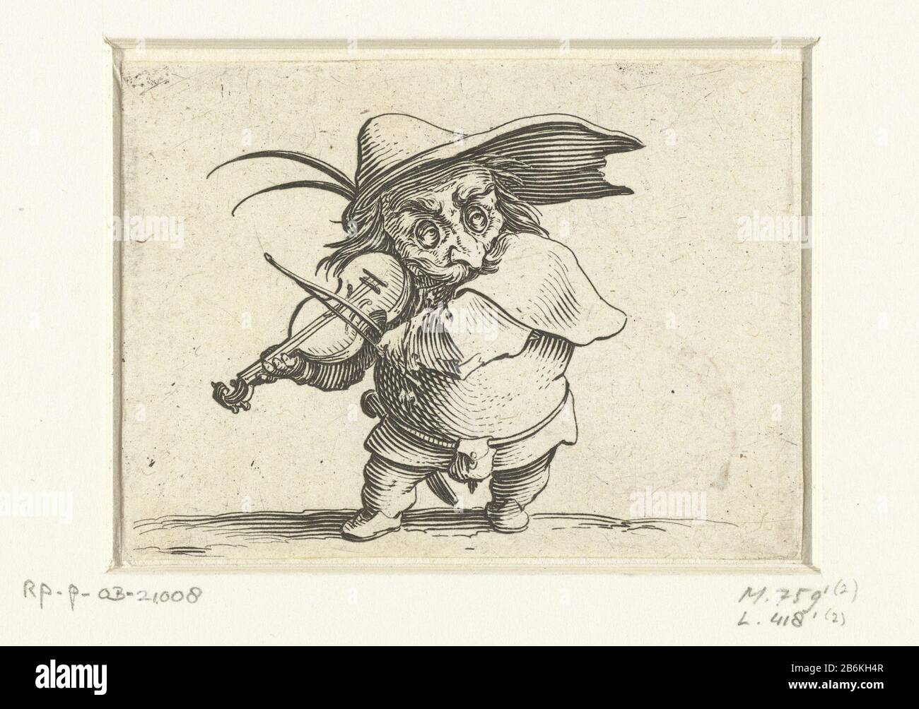 Nain avec violon et épée Varie figure gobbi di Jacopo Callot (titre de la série) figurines grotesques diverses (titre de la série) Dwarfs et hunchbacks (titre de la série) Dwarf, vu de l'avant, un violon jouant sur, un chapeau, avec deux ressorts sur la tête, une épée sur son côté droit. Ce tirage fait partie d'une série de 21 images avec des figures grotesques; presque tous les caractères sont nains, beaucoup sont gebocheld. Fabricant : printmaker Jacques Callotnaar propre design: Jacques CallotPlaats fabrication: Nancy Date: 1621 - 1625 Caractéristiques physiques: Gravure et engrera matière: Technique du papier: Gravure / engrera Banque D'Images