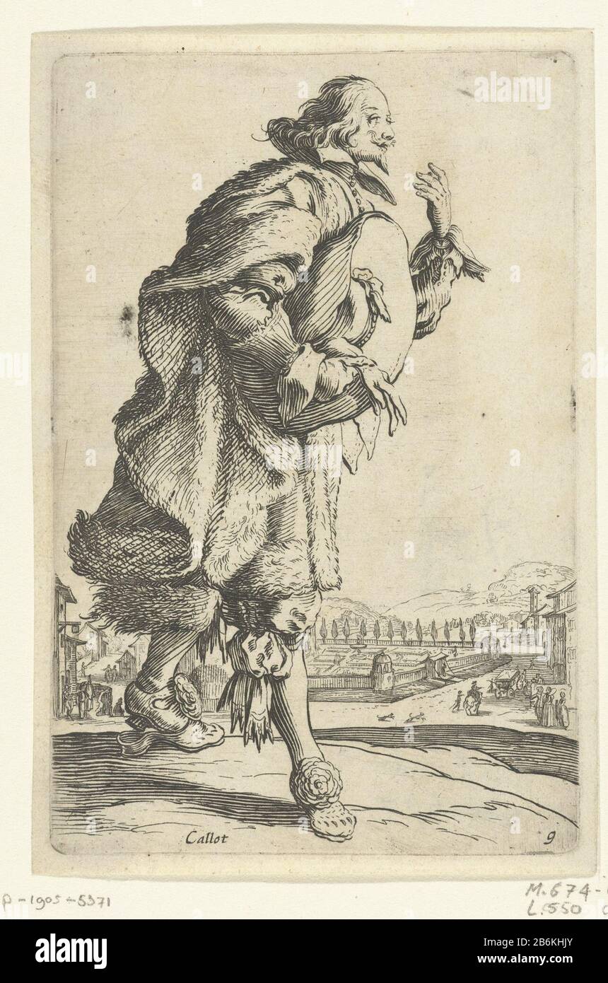 Edelman avec chapeau dans la main, sur le côté droit vu la Nobesse (titre de la série) messieurs de Lorraine (titre de la série) homme debout, vêtu d'une cape bordée de fourrure, chaussures avec rosettes sur ses pieds, un chapeau à large bord pressé contre sa poitrine, babourage à droite. En arrière-plan un jardin clos. Ce tirage fait partie d'une série de 12 reproductions avec des nobles en costumes portés en Lorraine au premier trimestre du XVIIe siècle; la moitié de la série concerne les costumes pour hommes, l'autre moitié montre des dameskostuums. Fabricant : à imprimer par Jacques Callot (bâtiment classé) printmaker: Anonyme Banque D'Images