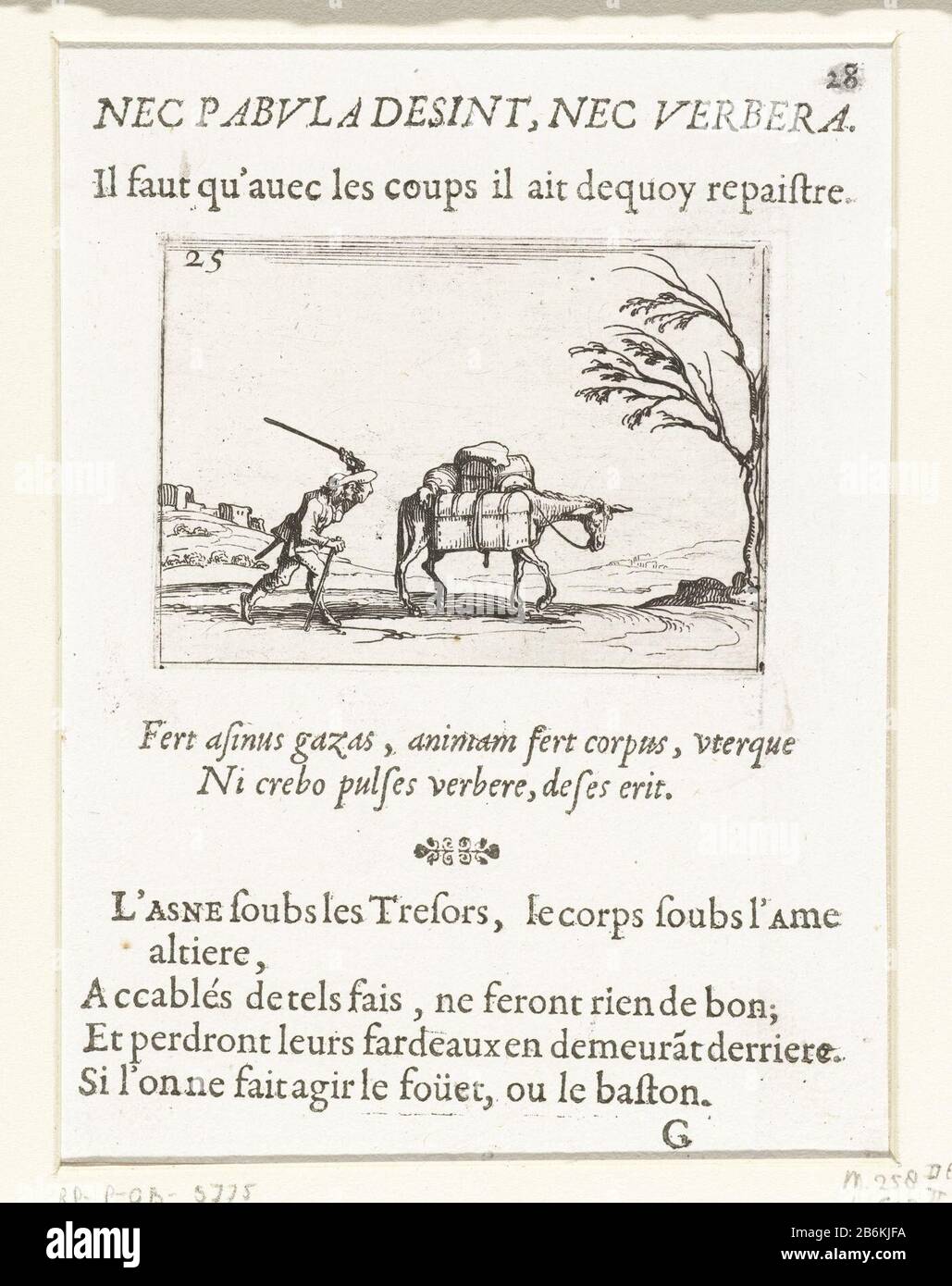 Un agriculteur stocke sa bête de charge Nec Pabula desint, nec verberaIl les coupes il faut qu'avec ait dequoy repaistre (titre objet) Couvent Life emblèmes (titre de la série) Présentation d'un agriculteur derrière un lourd: Démarrer âne chargé dans sa main levée un bâton. Au-dessus et au-dessous de ce post textes en latin et en français dans typographie. Ce chapitre fait partie du logo de la série 'Abbey Life emblèmes. Le deuxième état de cette série inclut à côté d'une page de titre illustrée et 26 emblèmes ont une page de titre et une affectation de feuille, les deux dans l'impression sans afbeelding. Fabricant : Printmaker Jacques Callotnaar Banque D'Images