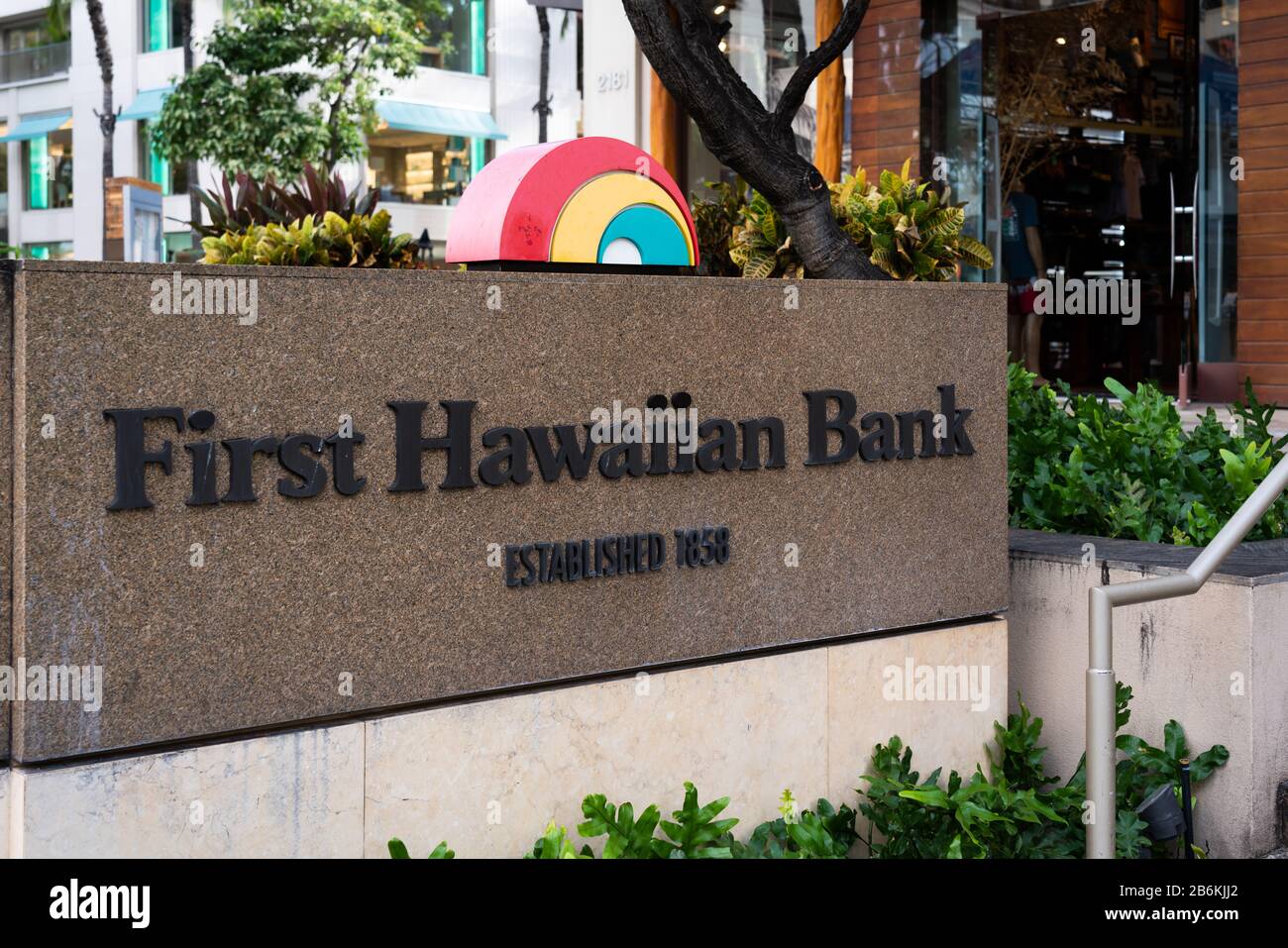 Vue sur le logo de la First Hawaiian Bank. Banque D'Images