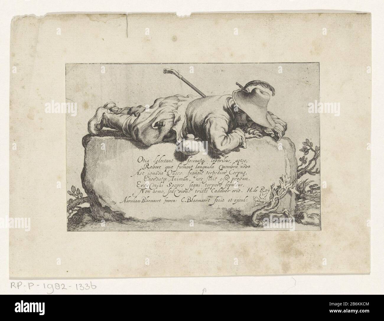 un homme repose sur une pierre. Sur la pierre un verset à six lignes du latin Henry Roij sur la paresse et le tijd libre. Fabricant : printmaker Cornelis Bloemaert (II) (bâtiment classé), conçu par Abraham Bloemaert (bâtiment classé) éditeur Cornelis Bloemaert (II) ( objets listés) Lieu de fabrication: Utrecht Dating: Après environ 1625 matériau: Technique du papier: Dimensions de gravure: Feuille: H 99 mm (coupe interne du bord de la bande) × W 150 mm (coupe interne du bord de la bande) Commentaires Imprimer une série de seize... Objet: Pasteurs, taferelenherding Arcadien, herdsman, herdswoman, berger, bergers, troupeau, Banque D'Images