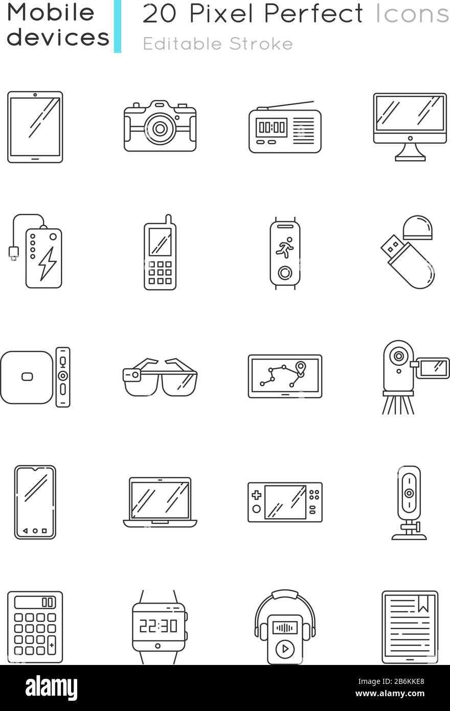Les icônes linéaires Perfect pixel des appareils mobiles sont définies. Ordinateur portable, ordinateur. Lecteurs électroniques. Outils numériques de poche. Symboles de contour de ligne mince personnalisables. Isolé Illustration de Vecteur