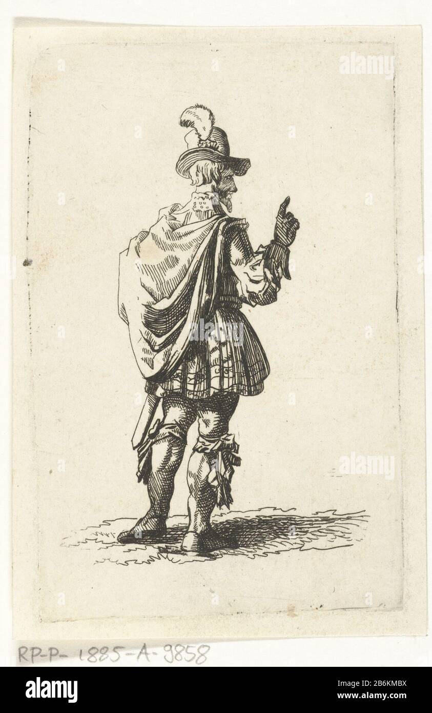Un homme avec un panache de chapeau vu du dos UN homme portant un chapeau  avec panache vêtu d'une robe du XVIIe siècle, vu du dos. Avec sa main  droite, il fait