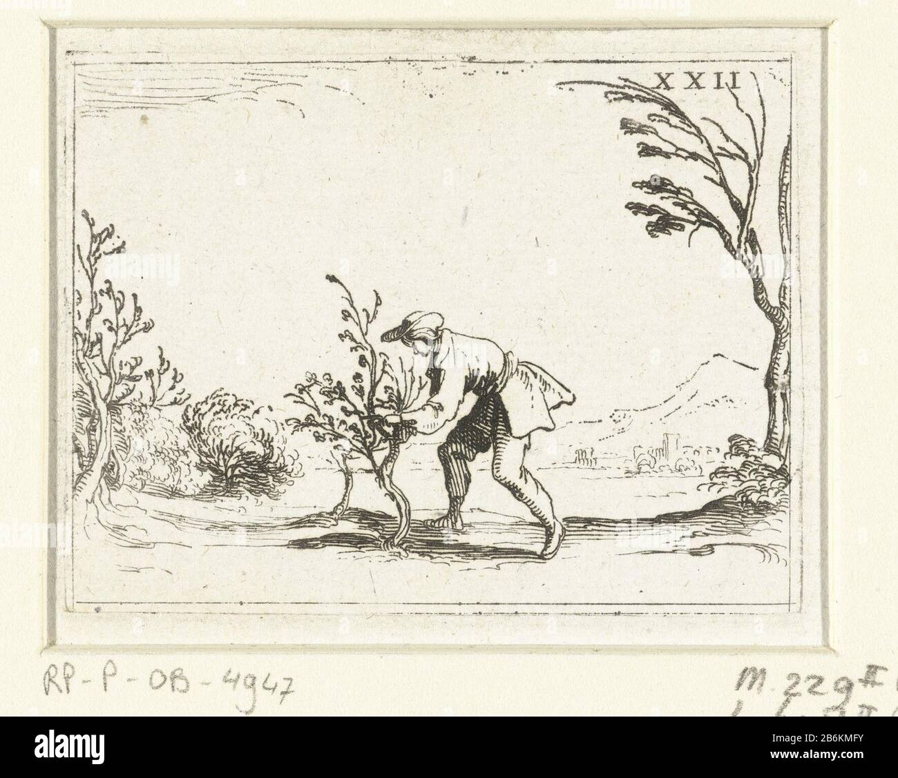 Un homme élagage d'un arbre la vie de Marie dans les logos (titre de la série) Présentation d'un homme tenant un petit arbre élagage. Ce chapitre fait partie de la série d'emblème 'la vie de Marie en emblèmes. La première condition de cette série inclut en plus d'une page de titre et 26 emblèmes aussi trois lames avec des hymnes à Marie en typographie sans afbeelding. Fabricant : printmaker Jacques Callotuitgever: François Langlois Lieu de fabrication: Printmaker Nancy Éditeur: Paris Date: 1625-1629 et / ou 1646 Caractéristiques physiques : matériel de gravure: Technique du papier: Dimensions de gravure: Bord de la plaque: H 63 mm × 83 b mm Sujet Banque D'Images