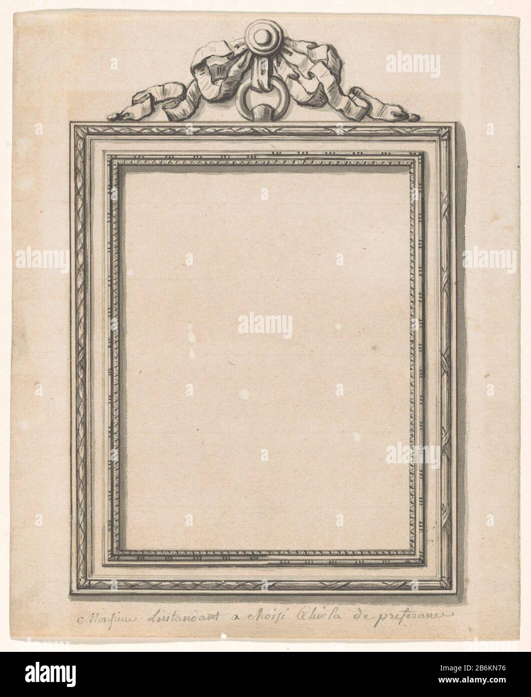 Une apparence avec une vue sur un cadre rectangulaire à accrochage, avec des solutions alternatives à gauche et à droite pour l'habillage des profils Un apparemment avec une vue sur un cadre rectangulaire à suspension à museau, avec des solutions alternatives à gauche et à droite pour l'habillage du type d'objet de profil : Dessin Numéro d'objet: RP-T-2017-55 Inscriptions / marques: Lettrage, le long de la partie inférieure, écrit à la main en gris: 'Monsieur Lintandant a choisi Celui la preferance'Watermerk: 'M PALHION avec un lys après le M' Rapporteur pour avis:: Fabrication anonyme: France Dating: CA. 1710 - ca. 1785 Banque D'Images