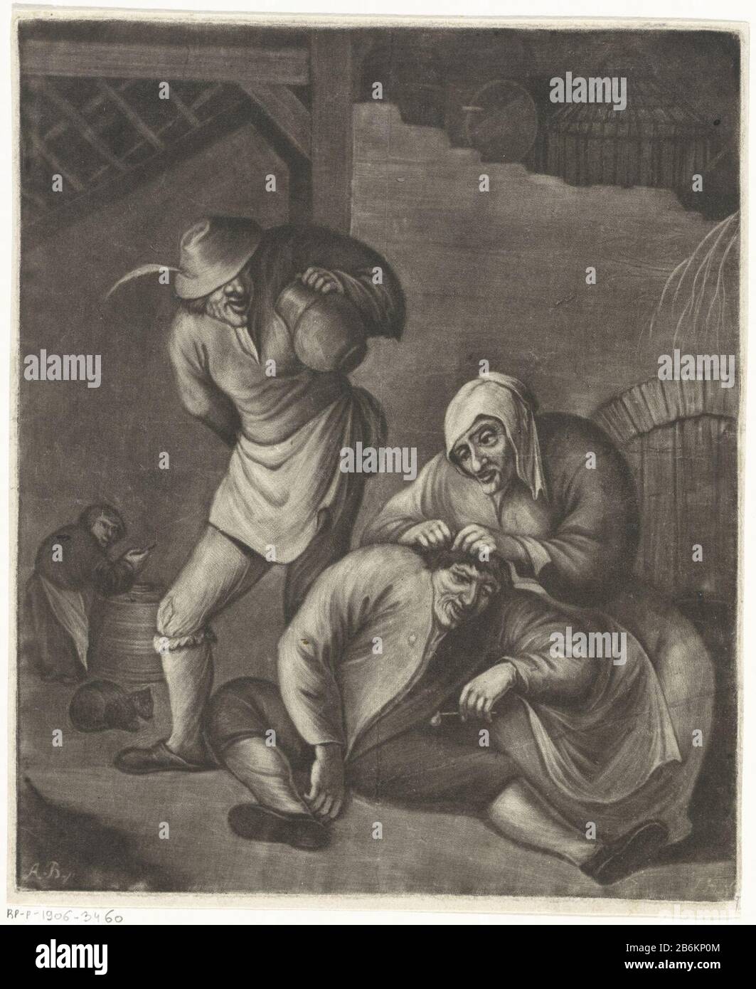 Une femme écoute un homme RP-P-1906-3460 Dans une taverne une femme qui travaille un poux d'homme de pipe-fumage dans les cheveux pour obtenir. Un homme avec un tankard regarde la pointe. Fabricant : printmaker Jacob Hoolaartnaar design: Adriaen Brouwer (propriété cotée) Lieu de fabrication: Dordrecht Date: 1723 - 1789 Caractéristiques physiques: Mezzotint matériau: Papier technique: Mezzotint Dimensions: H 254 mm × W 210 mm Objet: Caremo insectes du corps de la pipe  tabac Banque D'Images