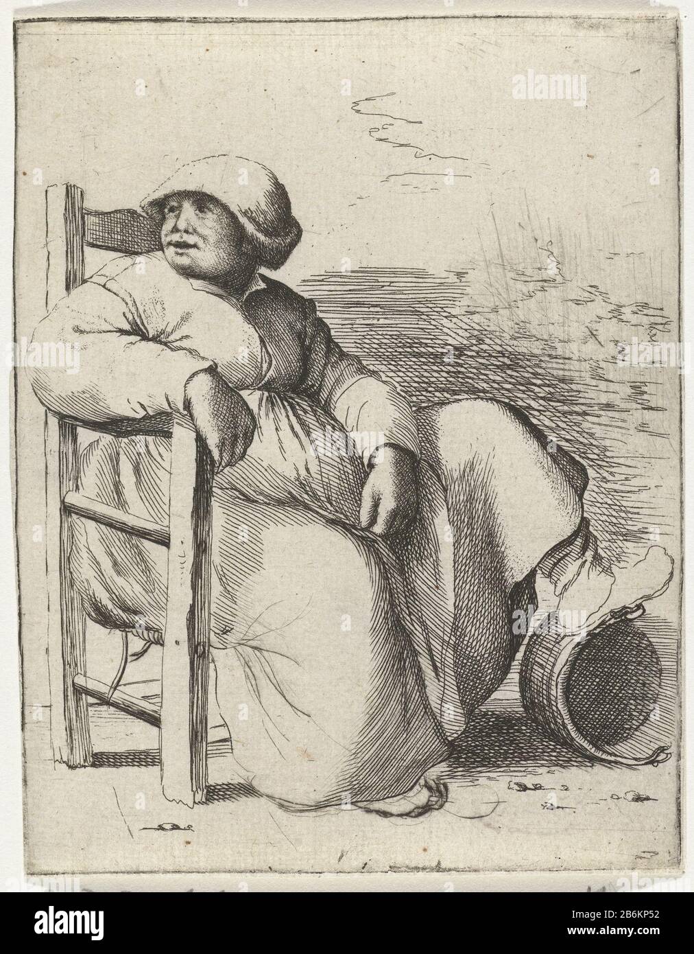 Une femme assise sur une chaise UNE femme est assise sur une chaise. Avec un pied, elle se penche sur un teil tombé. Fabricant : printmaker Willem Bass to design: Adriaen Brouwer Lieu de fabrication: Amsterdam Date: 1633 - 1672 Caractéristiques physiques: Matière de gravure: Technique du papier: Gravure Dimensions: Feuille: H 120 mm × W 92 mm Sujet: Morphologie ou expression humaine (+ assis) Banque D'Images