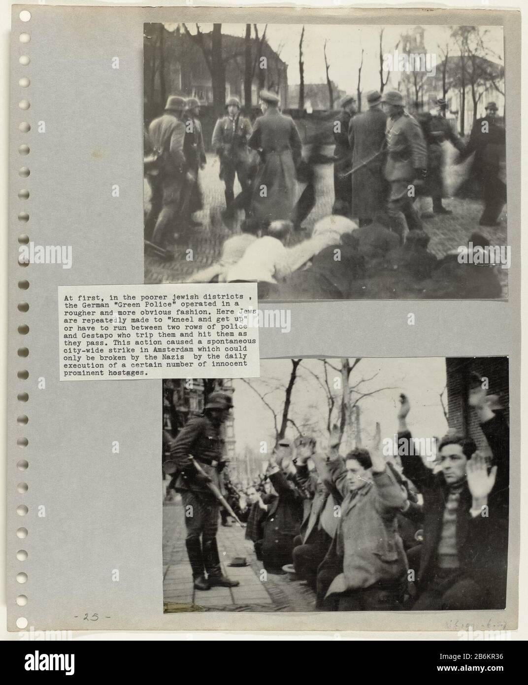 Premières raids sur les Juifs et livre photo de collage Les caméras cachées (titre de la série) Deux photos de la persécution des Juifs à Amsterdam Juifs ont été cadavres par la police de l'ordre du quartier juif (photo ci-dessus). Sur la place Jonas Daniel Meyer pour pétrir les juifs forcés au sol (ci-dessous). Le raid a eu lieu le 22 février 1941. Le 23 février, suivi d'une seconde. 427 Juifs ont été arrêtés. On a survécu à la guerre. Ces raids ont été la raison de la Février. Fabricant : Photographe: Fabrication anonyme: Amsterdam Date: 22 févr. 1941 matériau: Papier plastique technique: Fotografie Objet: W Banque D'Images