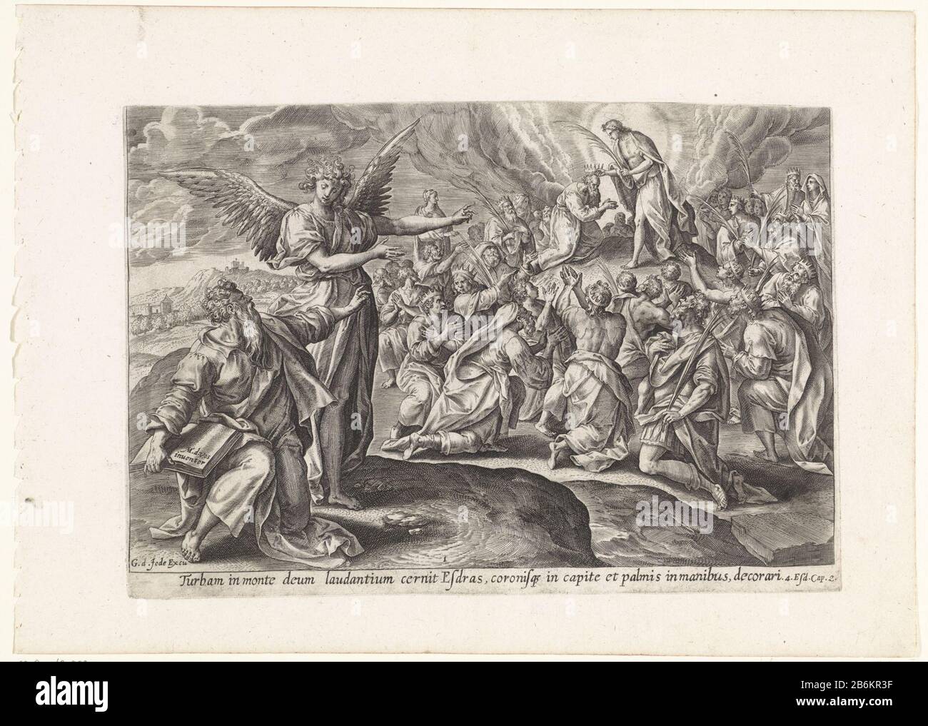Première vision d'Ezra le fils de Dieu couronne Ezra foule Visions (titre de la série) Thesaurus sacrarum historiarum veteteris testamenti () (titre de la série) Ezra est juste devant et pointé par un ange dans une vision. Ezra voit le fils de Dieu sur le Mont Sion, qui couronne le peuple et distribue ses paumes. Parmi les performances, une référence dans le latin à la Bible apocryphe dans 4 Ezra 2. Fabricant : à un dessin par: Marten de vos (indiqué sur l'objet) fabricant d'impression: Éditeur anonyme: Gerard de Jode (indiqué sur l'objet) Lieu de fabrication: Antwerpen Daté: 1585 Caractéristiques physiques: Engraa mater Banque D'Images
