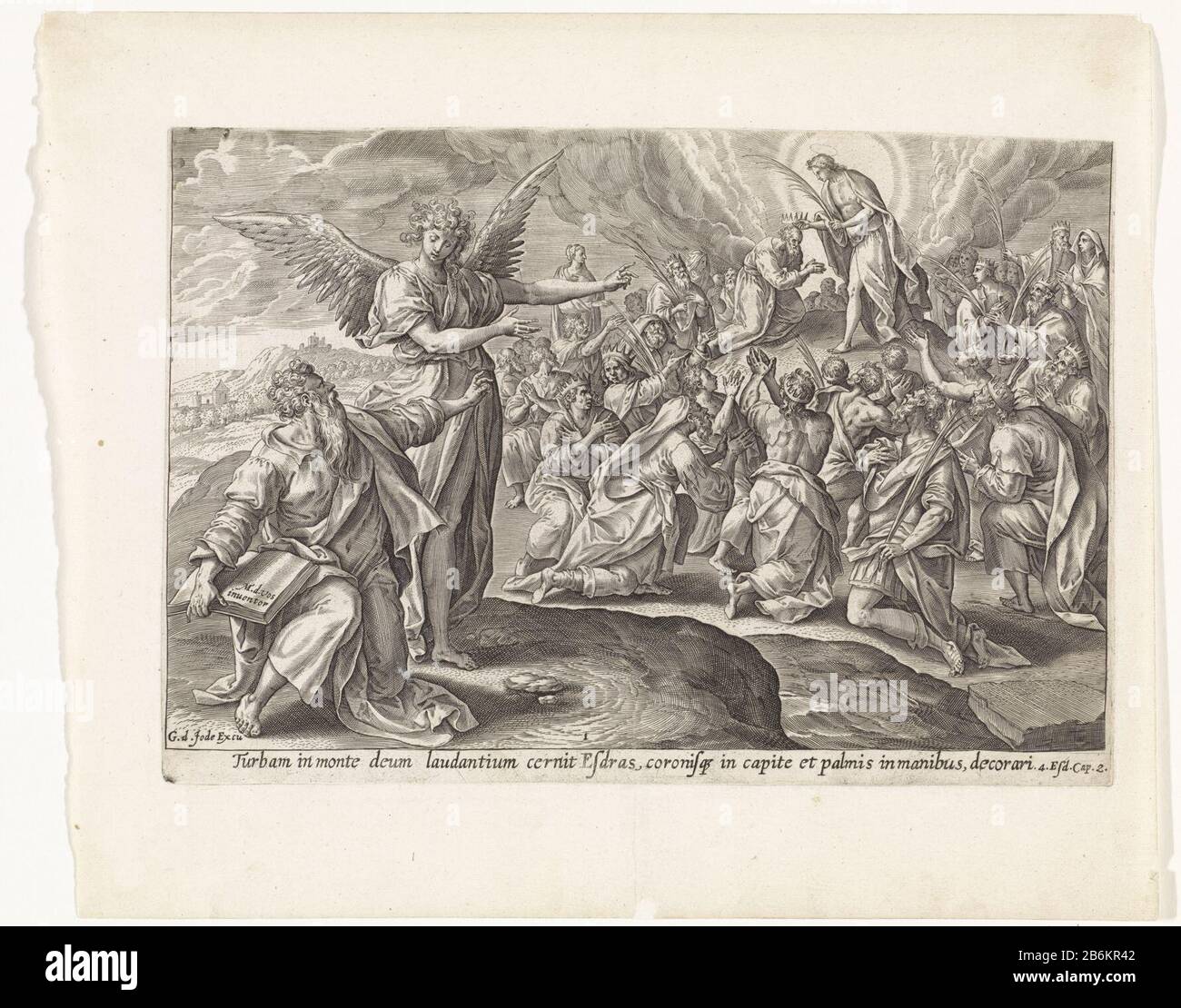 Première vision d'Ezra le fils de Dieu couronne Ezra foule Visions (titre de la série) Thesaurus sacrarum historiarum veteteris testamenti () (titre de la série) Ezra est juste devant et pointé par un ange dans une vision. Ezra voit le fils de Dieu sur le Mont Sion, qui couronne le peuple et distribue ses paumes. Parmi les performances, une référence dans le latin à la Bible apocryphe dans 4 Ezra 2. Fabricant : au dessin de: Marten de vos (indiqué sur l'objet) fabricant d'impression: Éditeur anonyme: Gerard de Jode (indiqué sur l'objet) Lieu de fabrication: Antwerpen Daté: 1585 Caractéristiques physiques: Engrara materi Banque D'Images