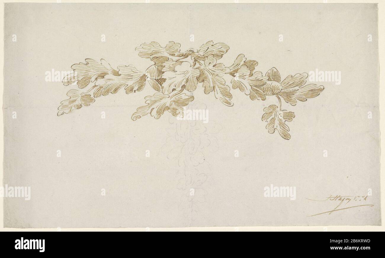 Feuilles de chêne Feuilles de chêne Type d'objet: Dessin d'ornement Numéro d'article: RP-T-1965-72 Inscriptions / marques: Marque du collectionneur, verso, estampillé: Lugt 2228 Fabricant : artiste: Jacob Hagen (II) (bâtiment classé) Daté: 1774 Caractéristiques physiques: Crayon sur le tissu brun: Encre papier technique: Crayon Dimensions: Feuille: H 188 mm × W 320 mm Objet: Arbres: Chêne (+ feuilles, feuilles de mise) Banque D'Images