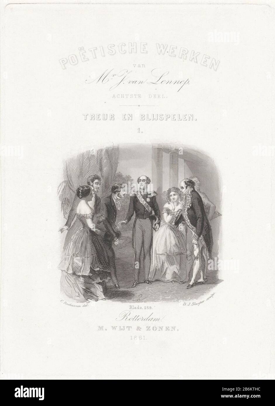 Groupe Mesdames et Messieurs en soirée, habillez-vous sous une colonnade pour converseren. Fabricant : printmaker Dirk Jurriaan Sluyter (propriété listée) au dessin de Charles Rochussen (bâtiment listed) éditeur: M. Whiting & Sons (listed property) Lieu de fabrication: Print maker: Amsterdam Éditeur: Rotterdam Date: 1861 Caractéristiques physiques: Gravure et engrava matériel: Technique du papier: Gravure / plaque A (processus d'impression) mesures: EDGE: H 198 mm × W 142 mmToelichtingTitelpagina pour : J. de Lennep. Oeuvres poétiques. Huitième partie: Deuil et comedies 1. Rotterdam M. Whiting and Sons, 1861. Sous Banque D'Images