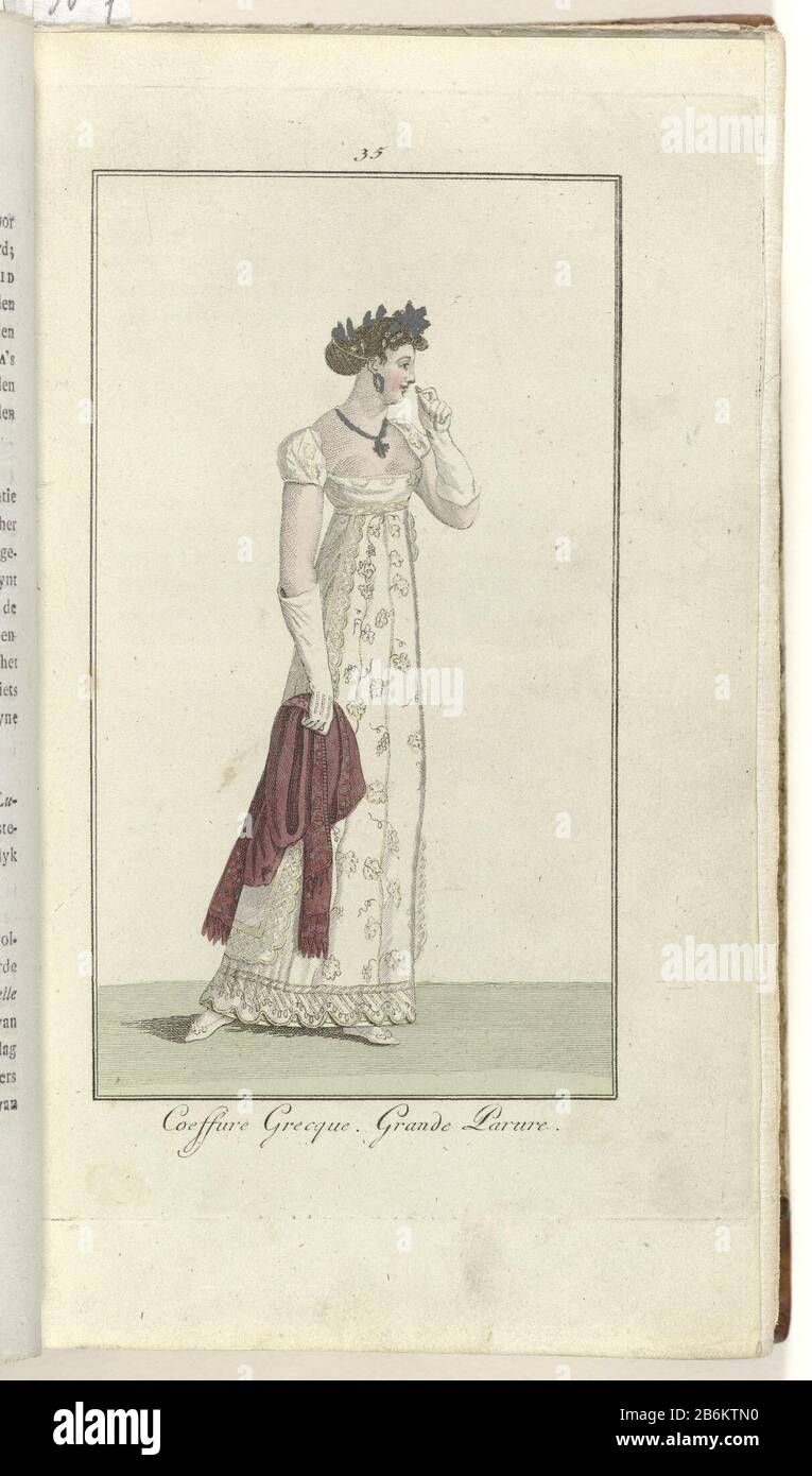 Elegantia ou magazine de mode, de luxe et de goût pour les femmes, en février 1808, No 35 Coeffure Grecque (. P 64) Le texte d'accompagnement: "Coëffure grecque. Robe en mousseline brodée de diamants. Blanc satin 'biffon (?) Avec bordure brodée. Boucles d'oreilles et collier en losange. 'Châle amaranthe '(écharpe). Chaussures en satin blanc. Imprimer le magazine de mode Elegantia ou magazine de mode, de luxe et de goût pour les femmes 1807-1814 (interrompu par la période 1811-1813) . Fabricant : printmaker: Éditeur anonyme Evert Maaskamp Lieu de fabrication: Amsterdam Date: 1808 Caractéristiques physiques: Engraa, couleur de la main Banque D'Images