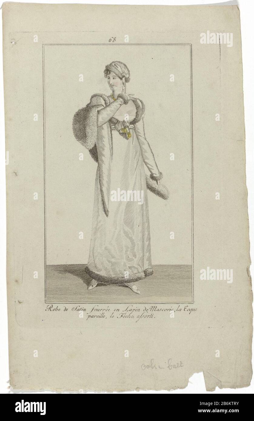 Elegantia ou magazine de mode, de luxe et de goût pour les femmes, Janvier 1809, No 68 satin Robe (. P 32) le texte d'accompagnement dans le magazine: Robe de satin blanc avec fourrure 'le lapin de la covite. Toque et fichu même. Imprimer le magazine de mode Elegantia ou magazine de mode, de luxe et de goût pour les femmes 1807-1814 (interrompu par la période 1811-1813) . Fabricant : printmaker: Éditeur anonyme Adriaan Pietersz. LoosjesPlaats fabrication: Amsterdam Date: 1808 Caractéristiques physiques: Engrala, matériau de couleur manuelle: Technique du papier: Engrala (processus d'impression) / mesures de couleur de la main: Bord de la plaque Banque D'Images