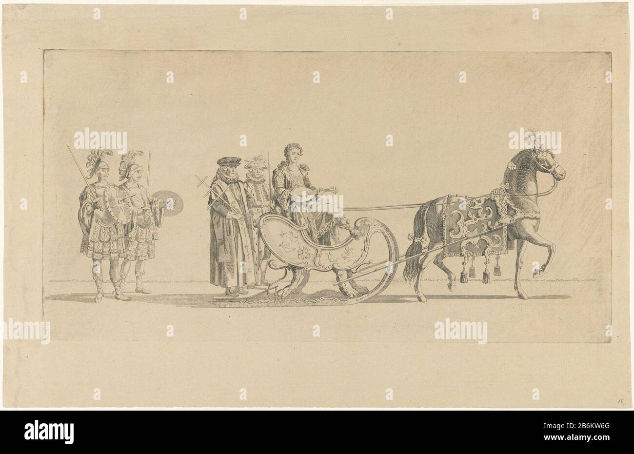 Onzième chariot de traîneau Vaart de la Leiden veniam Pro Laude Society en 1776 (titre de série) le onzième chariot de la parade. Une voiture avec la personnification de la musique, tirée par un cheval, suivie de deux soldats romains. Partie d'une série de douze plaques (pression d'extinction avant le nombre et autre papier) de la vitesse de transport organisée le 24 janvier 1776 par la Leiden Society veniam Pro Laude à l'occasion du deuxième Centenaire du secours de Leiden (3 octobre 1574) Et la création de l'Université de Leiden (8 février 1575) . Fabricant : fabricant d'impression: Nicolaas van der Wo Banque D'Images