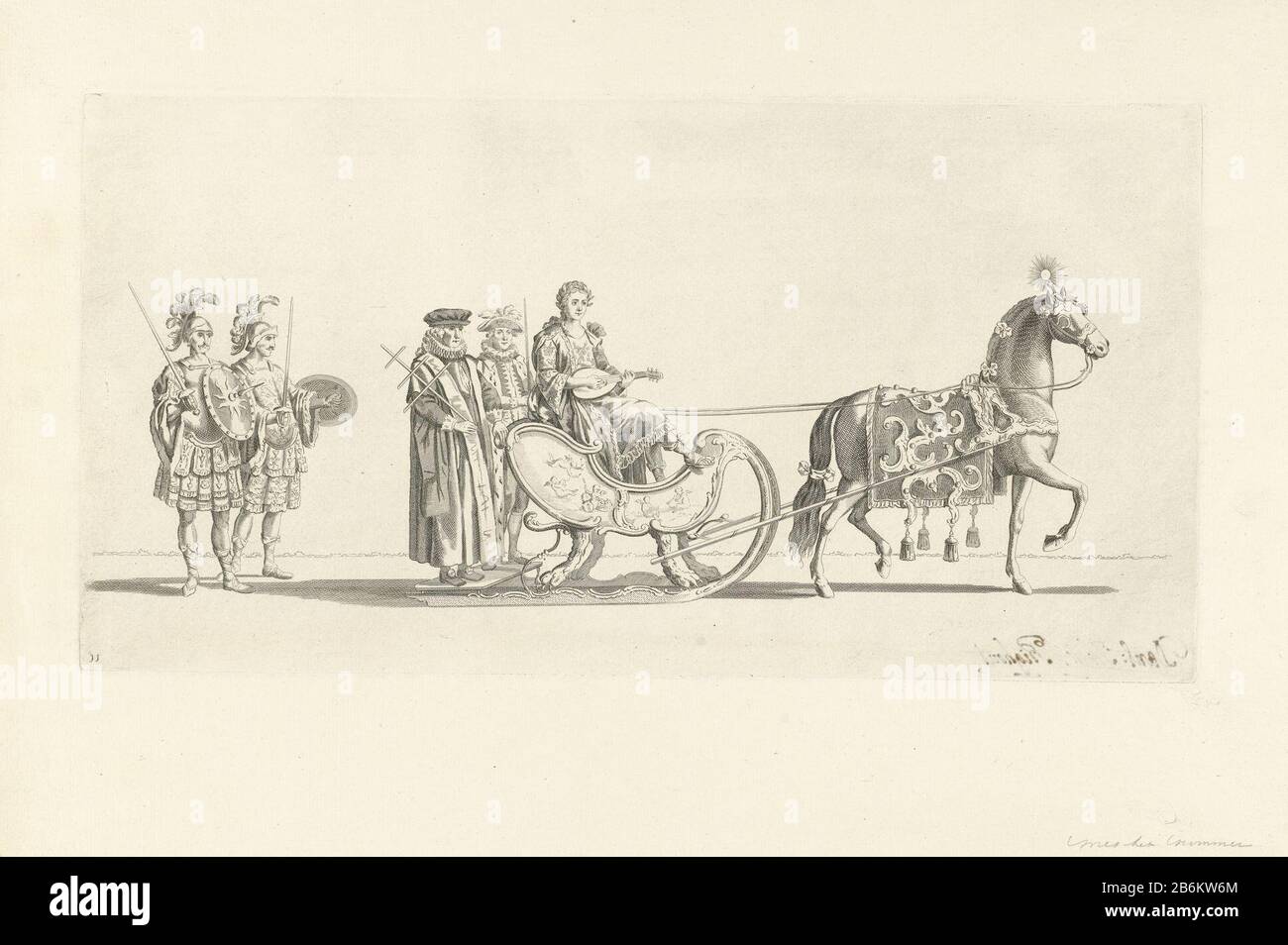 Onzième chariot de traîneau Vaart de la Leiden veniam Pro Laude Society en 1776 (titre de série) le onzième chariot de la parade. Une voiture avec la personnification de la musique, tirée par un cheval, suivie de deux soldats romains. Partie d'une série de douze plaques de navigation sur les diapositives le 24 janvier 1776 organisée par la Leiden Society veniam Pro Laude à l'occasion du deuxième Centenaire du secours de Leiden (3 octobre 1574) et de la création de l'Université de Leiden (8 février 1575) . Fabricant : machine à imprimer: Nicolaas van der Worm dans le dessin: Abraham DelfossPlaats fabrication: Non Banque D'Images