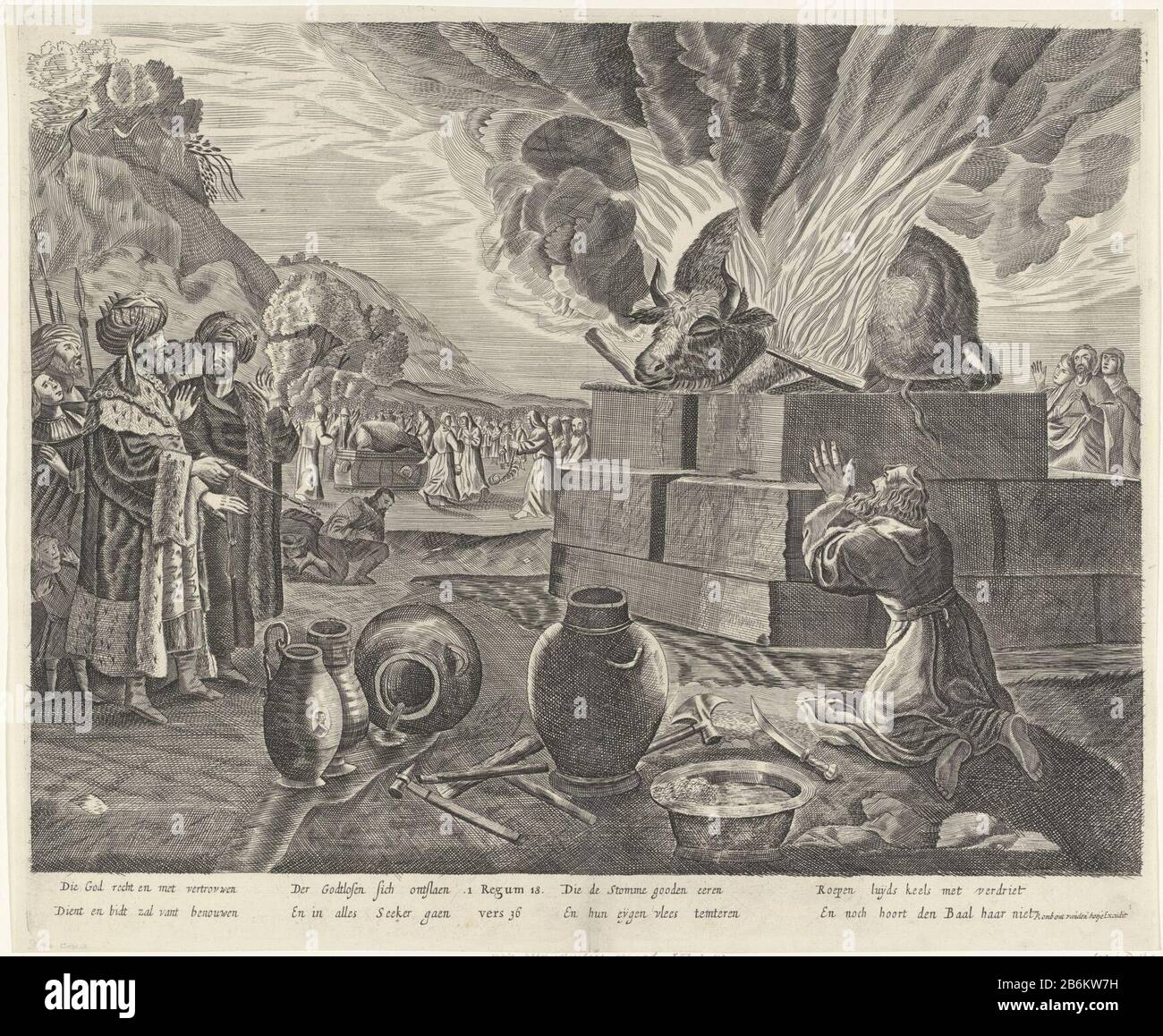 Le prophète Élie s'agenouille devant l'autel qu'il coussa avec l'eau et appelle son Dieu à quitter les feux sacrificiels. La gauche regarde le roi Achab. En arrière-plan sont les prêtres de Baal à leur autel Où: Vain ils appellent Baal à brûler leur sacrifice. En bas de la marge un quatre versets à deux lignes en néerlandais et au milieu de la référence à la Bible dans 1 Rois. 18: 36. Fabricant : Print Maker: Anonyme pour imprimer par: Pieter Nolpeuitgever: Rombout van den Hoeye (indiqué sur l'objet) Lieu de fabrication: Amsterdam Date: 1637 - 1671 Caractéristiques physiques: Matière de prise: Papier technique: ENG Banque D'Images