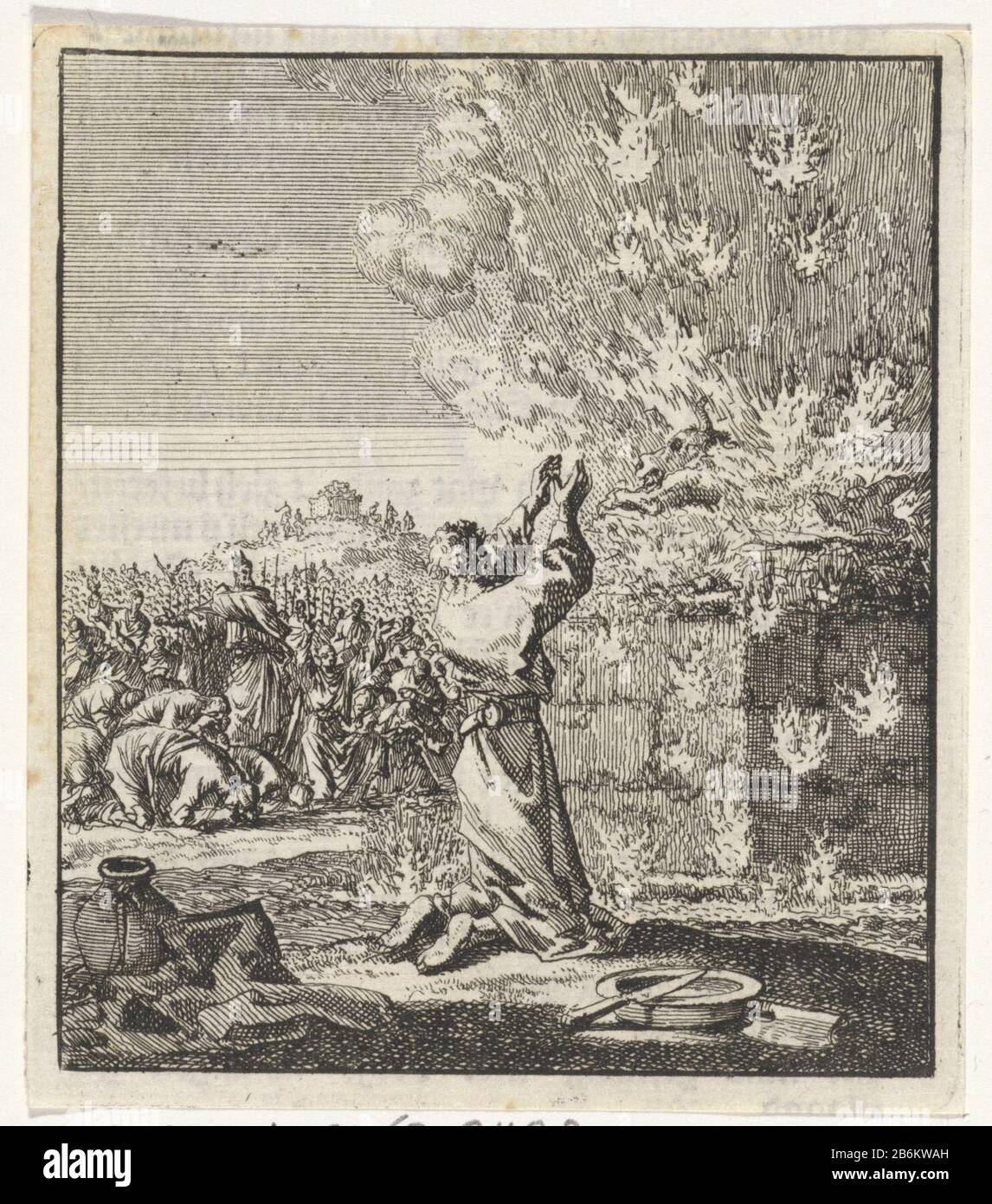 Elia pétrels pour le sacrifice brûlant Elijah pétrels avant le type d'objet sacrificiel brûlant: Illustration du livre photo Numéro d'article: RP-P-1896-A-19368-2428Catalogusreferentie: Van Eeghen 3413 Inscriptions / marques: Marque collectrice, verso, estampillée: Lugt 2228 Fabricant: Graveur Jan Luyken Éditeur: Jan Ruwerz. (II) Editeur: Barent Visscher Lieu de fabrication: Amsterdam Date: 1706 Caractéristiques physiques: Matériel de gravure: Technique du papier: Gravure Dimensions: Feuille: H 93 mm × W 81 mmToelichtingillustratie pour: Schabaalje, Jean Philipsz. Le plaisir accru-jardin de l'esprit. Amsterdam Banque D'Images