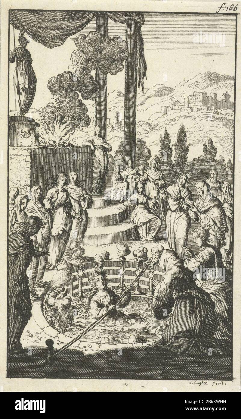 Post-droit étiqueté f: 166 Fabricant : printmaker Jan Luyken (bâtiment classé) éditeur: Jan Claesz dix Hoor Lieu de fabrication: Amsterdam Date: 1681 Caractéristiques physiques: Matière de gravure: Technique du papier: Dimensions de gravure: Feuille: H 137 mm × W 85 mmTopelichtingillustratie incluse dans la deuxième partie de : Barclay, John. D'Argenis, 2 parties. Amsterdam: Jan Claesz À Hoorn, 1680-1681. Objet : ressort (fluides Extraits de la terre) Banque D'Images
