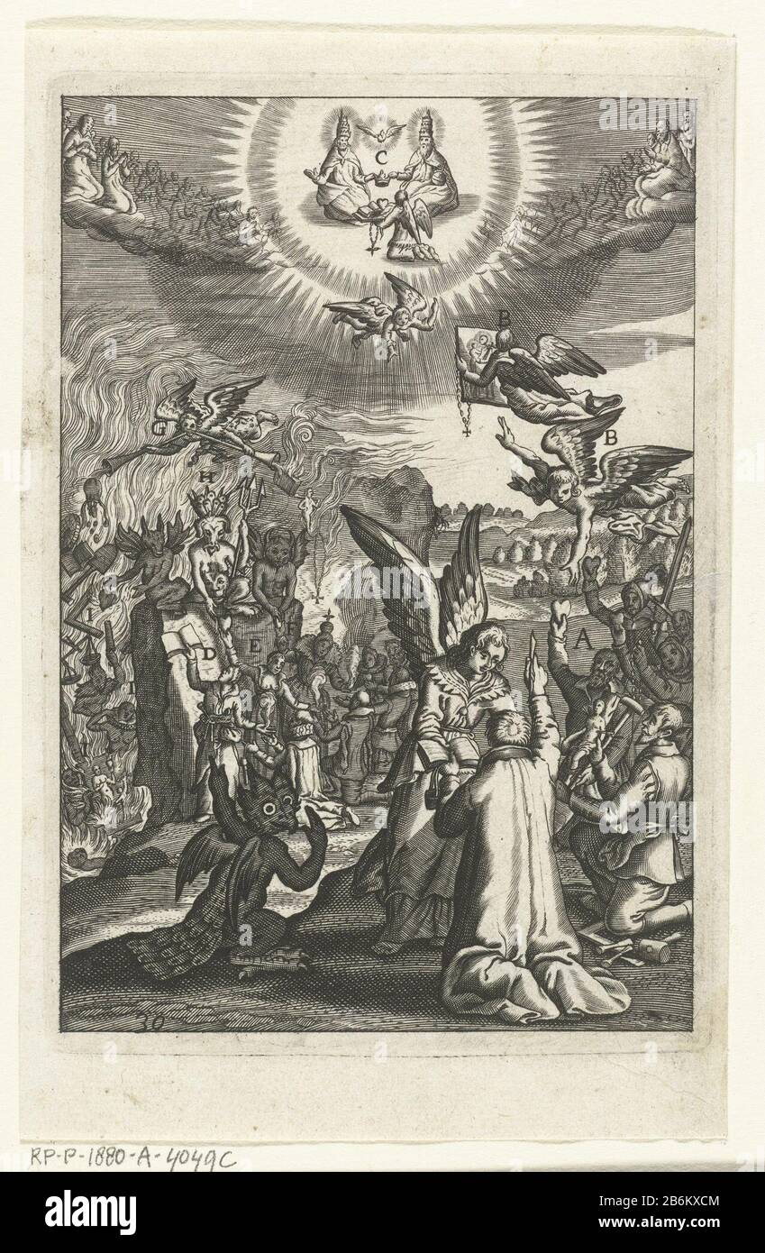 Embleem met l'homme mourir leert dat hij met goede werken Dieu se comporte Den wech des euwich levens (serietitel) un ange montre un homme pétrir pour ses bonnes œuvres en tant qu'homme pitié pour plaire à Dieu. Le diable essaie de weerhouden. Le fabricant de lui: Imprimer de: Boëtius Adamsz. Bolswertprentmaker: Éditeur anonyme: Henry Aertssens Lieu de fabrication: Anvers Date: 1620 - 1623 et / ou 1623 Caractéristiques physiques: Matériel automobile: Technique du papier: Engrala (impression) Dimensions: Bord de la plaque: H 137 mm × W 94 mmToeliechtPrent d'Antoine Sucquet, Le wech d'eeuwich vie décrit en latin: W Banque D'Images