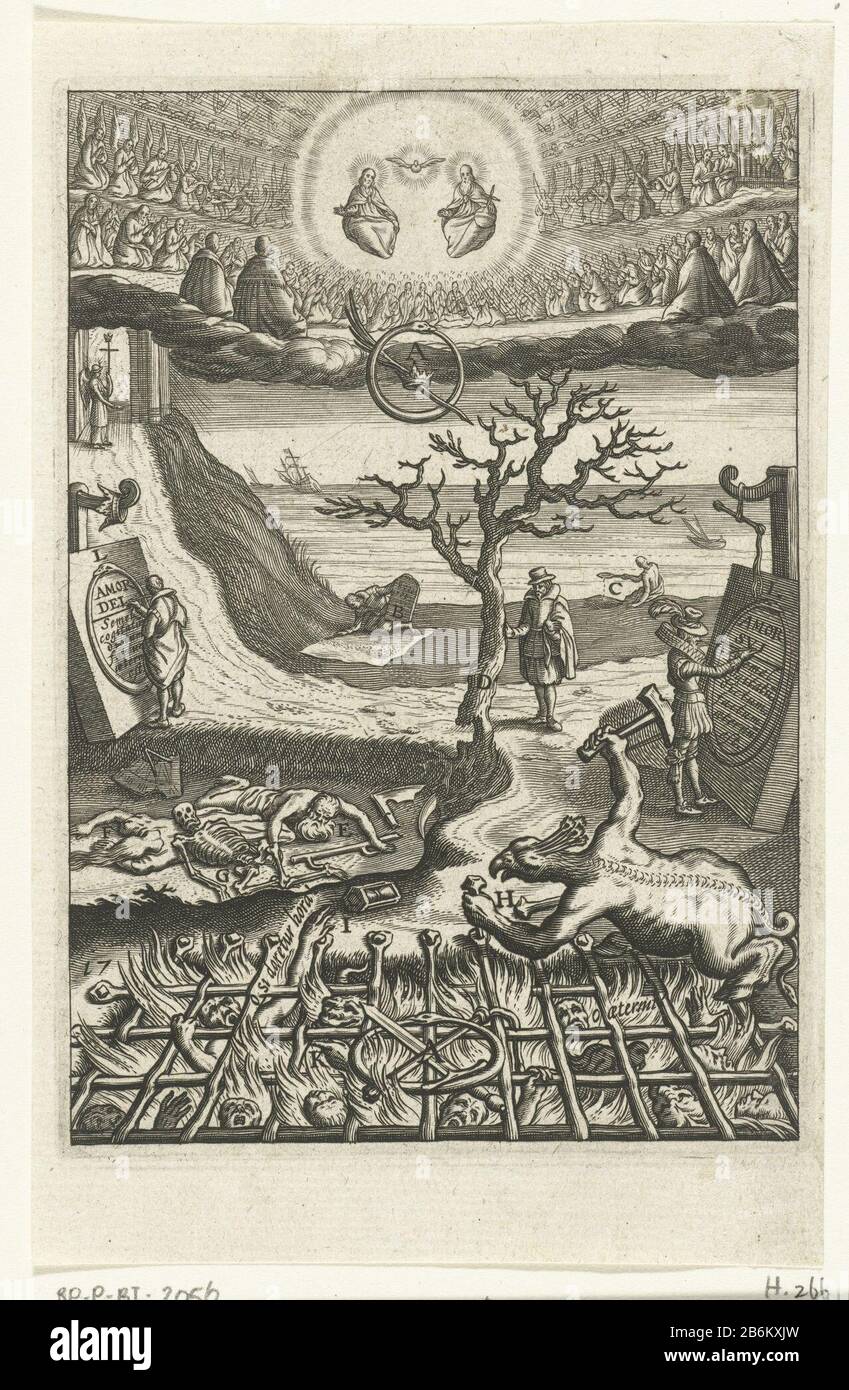 Embleem met l'homme die twrejfelt over de keuze tussen leven dans le deugd de leven dans la zonde Den wech des euwich levens (servietitel) un homme incertain de sa vie des chemins de marche à une jonction de deux. Une route mène à une vie de vertu pour l'éternité et l'autre loin d'une vie de péché menant à l'enfer. Il devrait examiner s'il regrette son choix après sa mort, selon les instructions de méditation uitladonna. Fabricant : Printmaker: Boëtius Adamsz. Bolswertnaar propre design: Boëtius Adamsz. Bolswertuitgever: Hendrik Aertssens Place Fabricación: Print Maker: The Netherlands Publisher: Antwerpen Date Banque D'Images