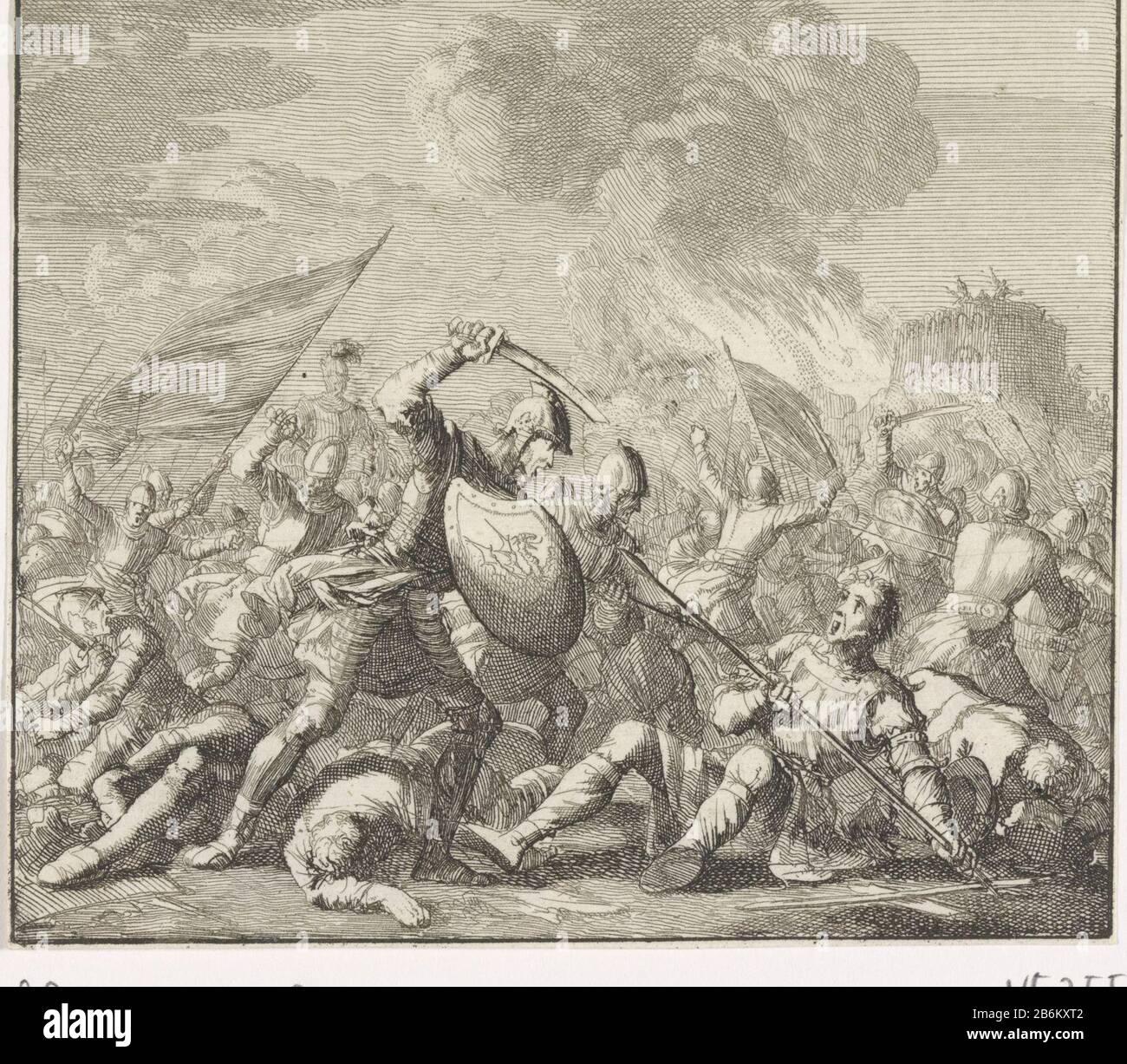 Embleem oorlog Slagveld Soldats combattant sur un champ de bataille. En arrière-plan est un château de marque. Fabricant : printmaker Jan Luyken Editeur: Christoph WeigelPlaats fabrication: Printmaker: Amsterdam Éditeur: Nuremberg Date: 1695 - 1705 Caractéristiques physiques: Matière de gravure: Technique du papier: Gravure Dimensions: Feuille: H 101 mm × W 115 mmTohtelicingBoekillustratie for Weigel, Christoph. Éthique Naturalis seu Docuenta Moralia e Variis rerum naturalium sudatibus Virtutum Vitiorumq symbolicis imaginibus collecta. Nuremberg: Christoph Weigel: C. 1700. Objet: Idées abstraites «n concept A Banque D'Images