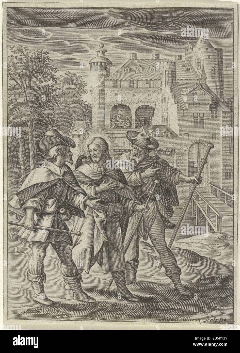 Emmaus Passion of Christ (titre de la série) Type de bien: Photo Numéro d'article: RP-P-OB-66.807Catalogusreferentie: Holllstein Dutch 203-1 (4) Description: Deux disciples sur la route d'Emmaus. En chemin ils viennent au Christ, qui ne les reconnaît pas. Ils courent beaucoup avec lui. Les trois hommes sont habillés comme pèlerins. Dans l'arrière-plan du château se trouve le repas présenté à Emmaus. Christ est assis à une table avec deux disciples. Il est reconnu par son chegent de pain. Fabricant : printmaker Antonie Who: Rix (II) (bâtiment classé) à concevoir: Maerten la fabrication de VosPlaats: Anvers Date: 1582 - 1586 P Banque D'Images