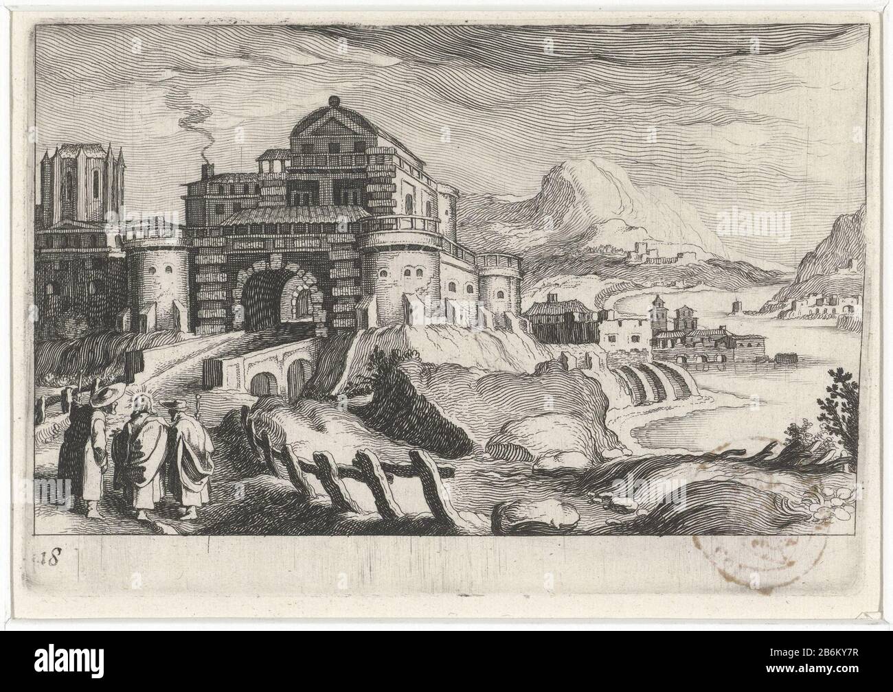 Christ entouré de deux figures pour une porte. Coulant à droite une rivière. Fabricant : print maker, Simon Frisiusnaar design: Matthijs Glasses Éditeur: Hendrick Hondius (I), un fournisseur de privilèges: Inconnu Fabrication: Imprimer maker: Northern Netherlands Éditeur: Den Haag Date: 1611 Caractéristiques physiques: Matière de gravure: Papier: Technique dimensions: Bord de la plaque: H 105 mm × W 155 mm Objet: Le voyage à Emmaus: Deux disciples (Cleopas et Pierre) en cours Banque D'Images