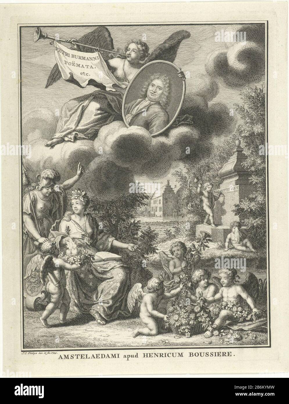 Paysage avec un ange soufflant une trompette Où: Une bannière avec le titre en latin. Dans sa main portrait de l'auteur: Peter Burman. Au premier plan Minerva comme condescendant des arts, pointant vers le portrait. Elle est accompagnée d'un puto la personnification de la poésie offre un coeur brûlant. Il met en évidence quatre putti jouant avec un panier plein de fleurs. Dans la marge l'empreinte dans Latijn. Fabricant : printmaker Jan Caspar Philips (bâtiment classé) dans son design: Jan Caspar Philips (bâtiment classé) Editeur: Henry Boussières (propriété cotée) Lieu de fabrication: Amsterdam Date: 1744 Phy Banque D'Images