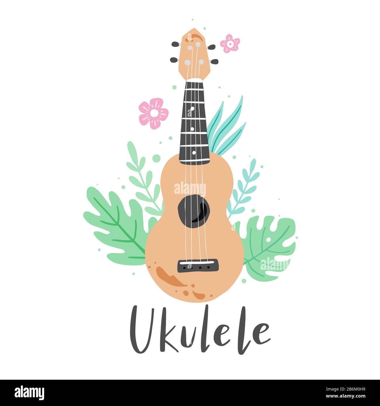 Joli ukulele de dessin animé pour affiche d'été, motif carte avec texte lettrage Ukulele. Petite guitare, instrument de musique à cordes de style hawaï. Illuataration vectorielle avec la feuille et la fleur tropicales. Illustration de Vecteur
