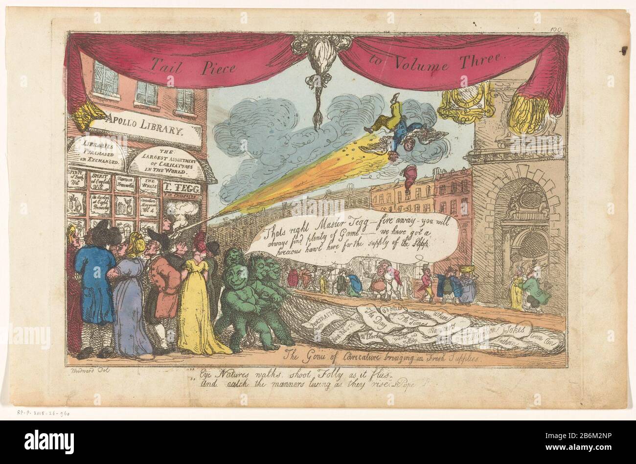 Etalage van uitgever Thomas Tegg te Londen Tail Piece to Volume Trois (objet titel op) vue d'une rue avec des foules pour présenter l'éditeur Thomas Tegg, avec un fusil, la personnification de Folly des frappes aériennes. Quatre chiffres verts, le génie de la caricature, tirant un filet avec une nouvelle direction d'inspiration de l'édition. Tour droite de St Mary-le-Bow. Parmi imprimer un verset à deux lignes d'Alexandre Pape. Fabricant : printmaker Thomas Rowlandsonnaar dessin: George Moutard Woodward (bâtiment classé) Éditeur: Thomas TeggPlaats fabrication: Londres Date: Le ou après 1819 Caractéristiques physiques: Etchi Banque D'Images