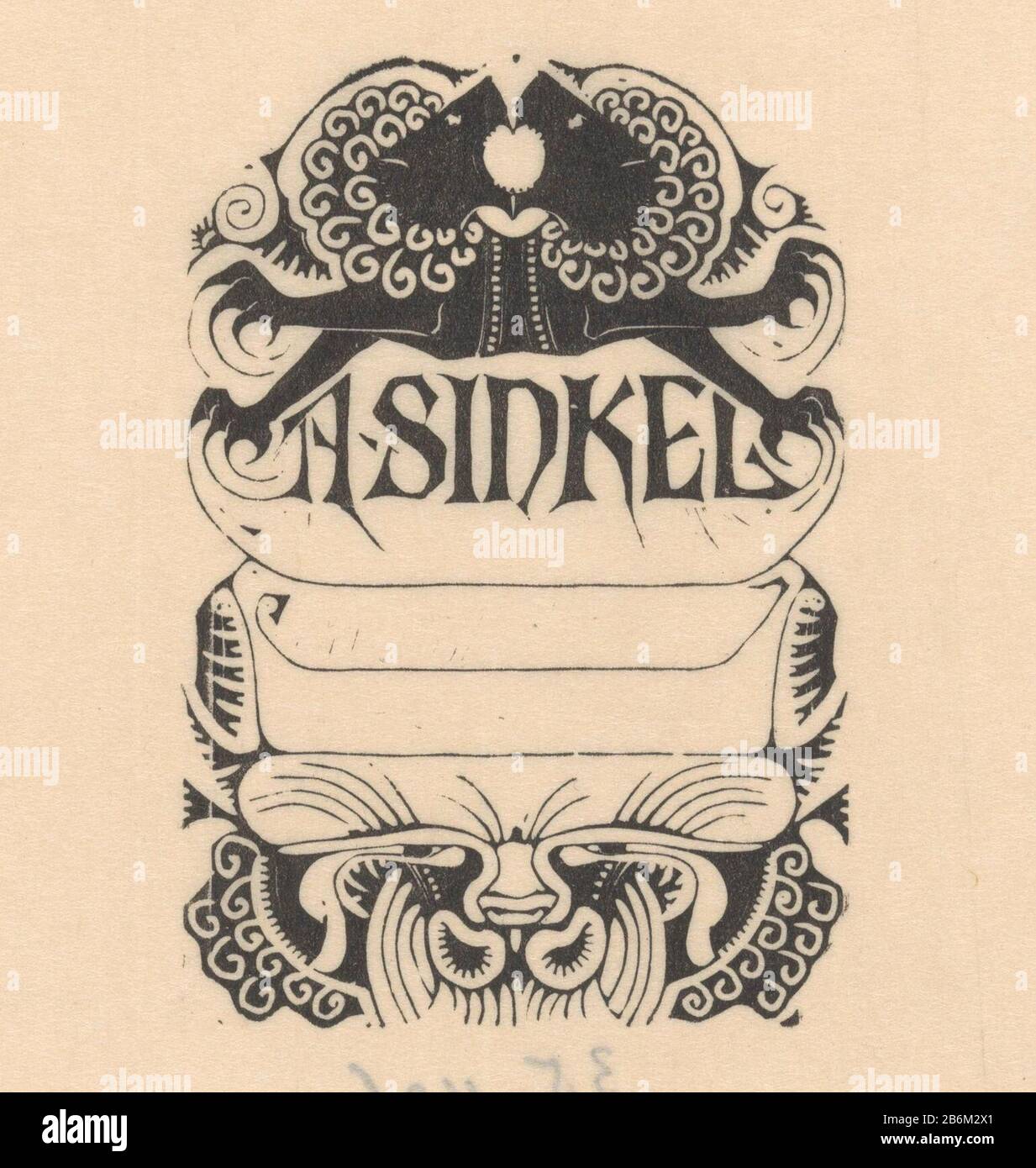 Étiket van A Sinkel Top deux lions; Vers Le Bas un vlinder. Fabricant : printmaker Mathieu Lauw Erik Date: 1874 - 1932 et / ou 1935 matériau: Papier japonais technique: Coupe du bois Dimensions: Feuille: H 210 mm × W 135 mmToelichtingHet afdruk. Sujet à titre posthume: Bêtes de proie, animaux prédateurs: Lioninsectes: ButterflyWie: A. Sinkel Banque D'Images