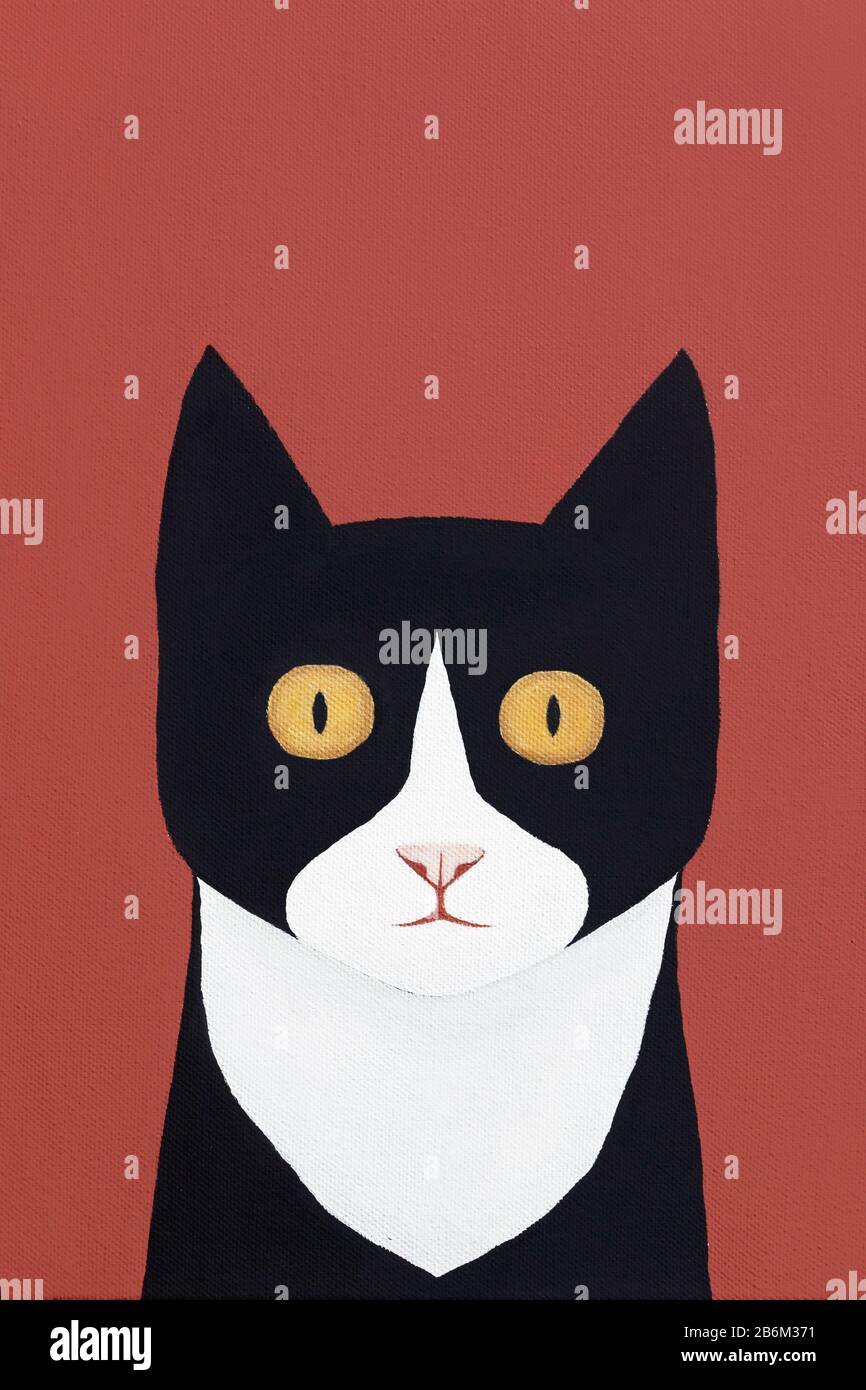 peinture acrylique de chat noir et blanc avec fond rouge Banque D'Images