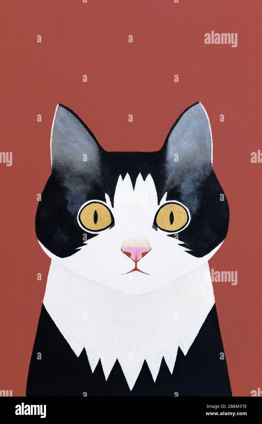 Peinture Acrylique De Chat Noir Et Blanc Avec Fond Rouge Photo Stock Alamy